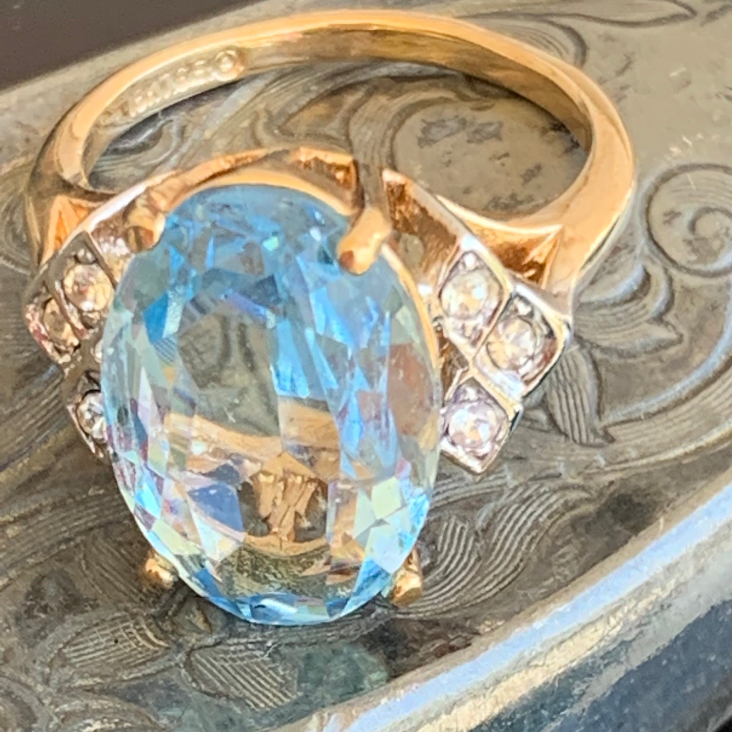 Vintage Blue & Clear 18KT Plated High Setting Cocktail Ring Size 8