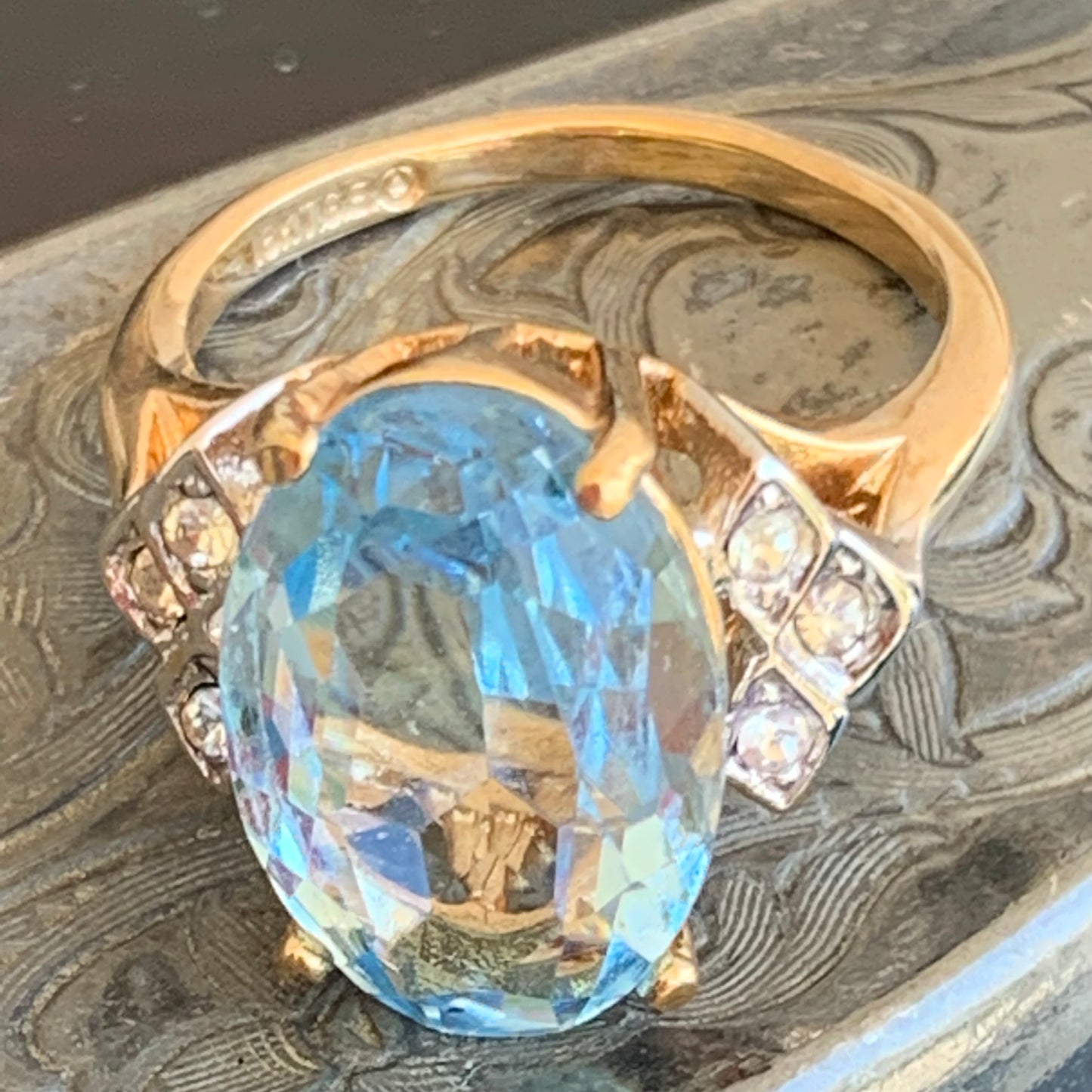 Vintage Blue & Clear 18KT Plated High Setting Cocktail Ring Size 8