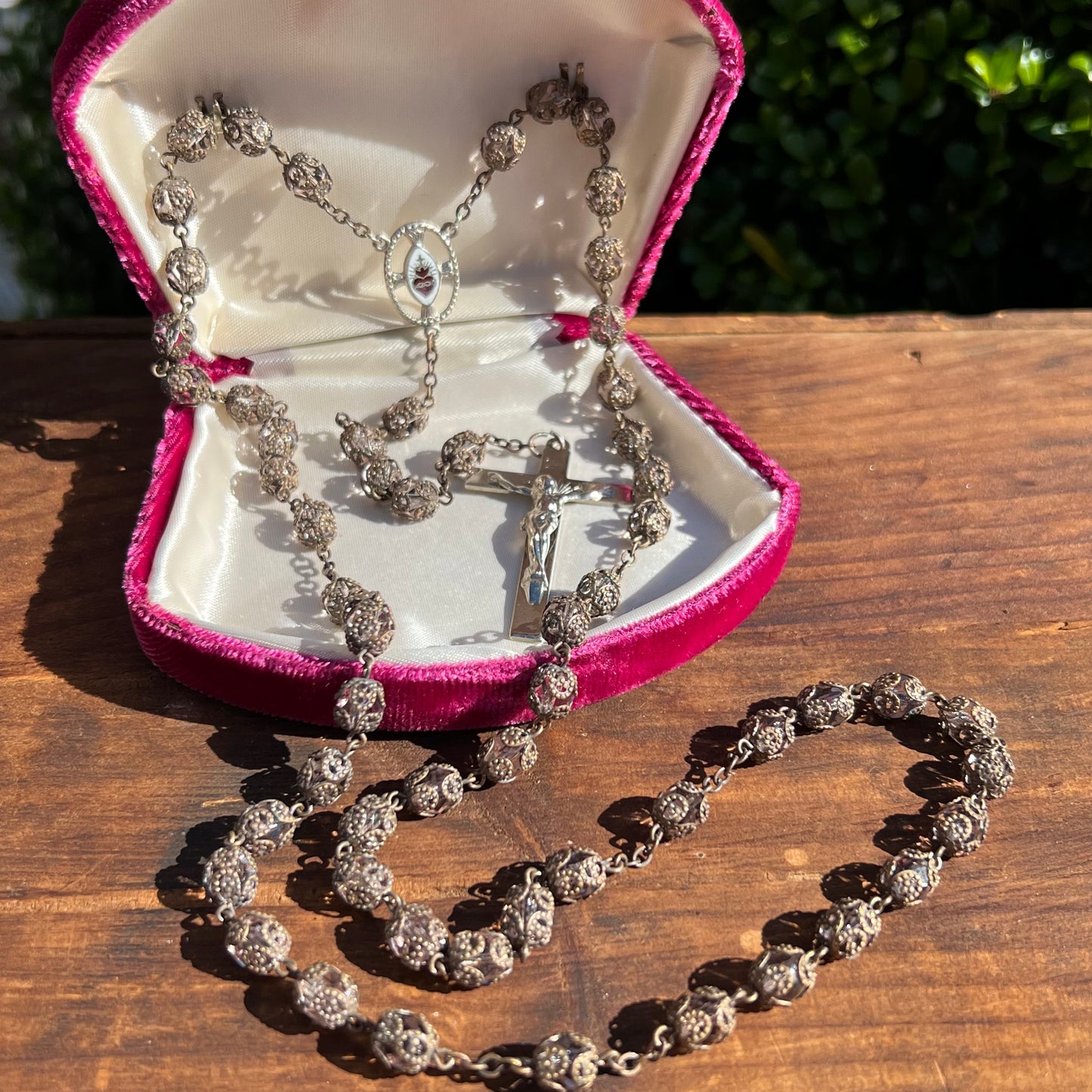 Vintage Italian Glass Bead Laced Silver Cap Rosary