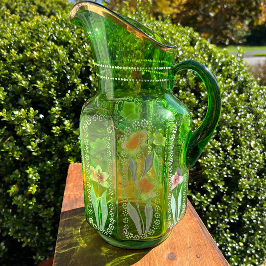 Antique Victorian Green Handblown Glass Pitcher