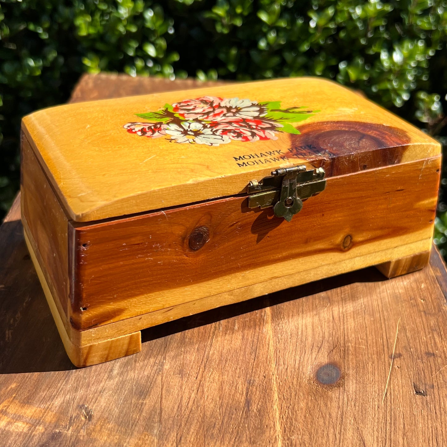 Vintage Wooden Cedar Hand Painted Jewelry Box Mohawk Trail Souvenir