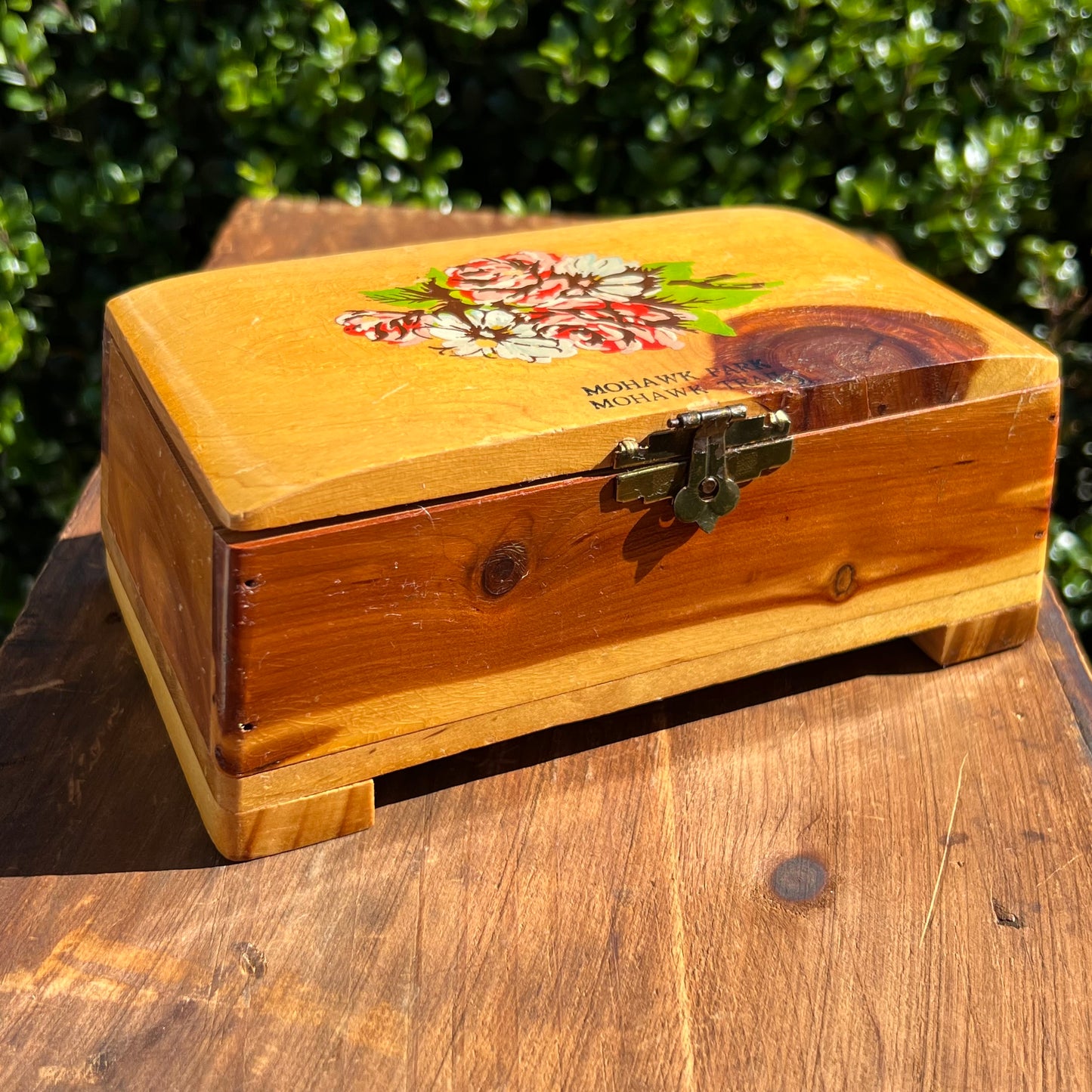 Vintage Wooden Cedar Hand Painted Jewelry Box Mohawk Trail Souvenir