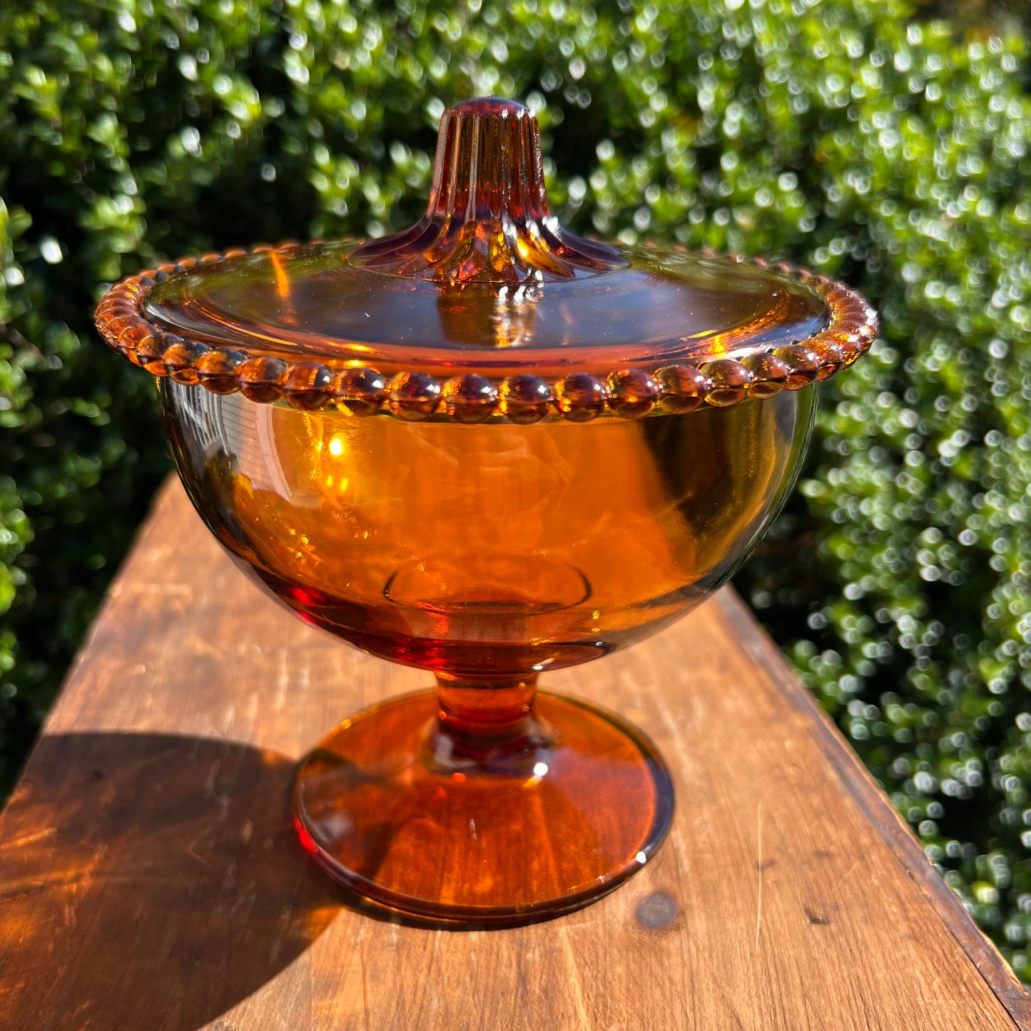 Amber Hued Depression Glass Candy Dish Beaded Edge by Indiana Glass Co.