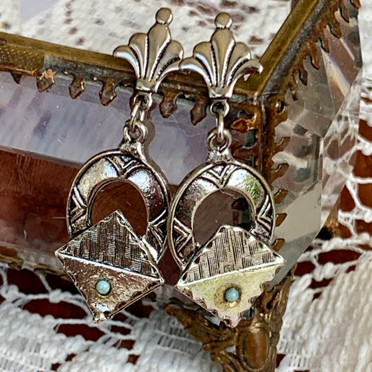 Vintage Dangling Silver Tone Pierced Earrings 14K Gold Posts