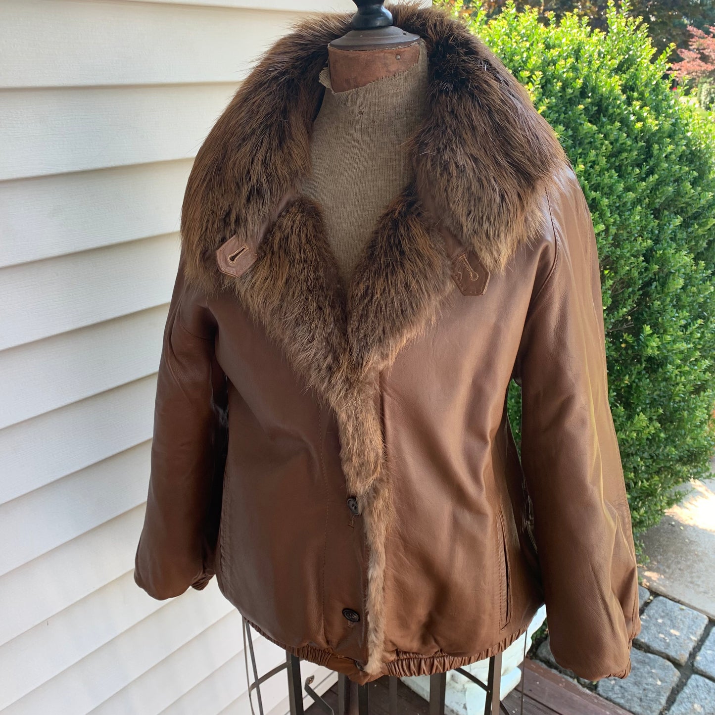 Vintage Leather & Raccoon Fur Bomber Jacket