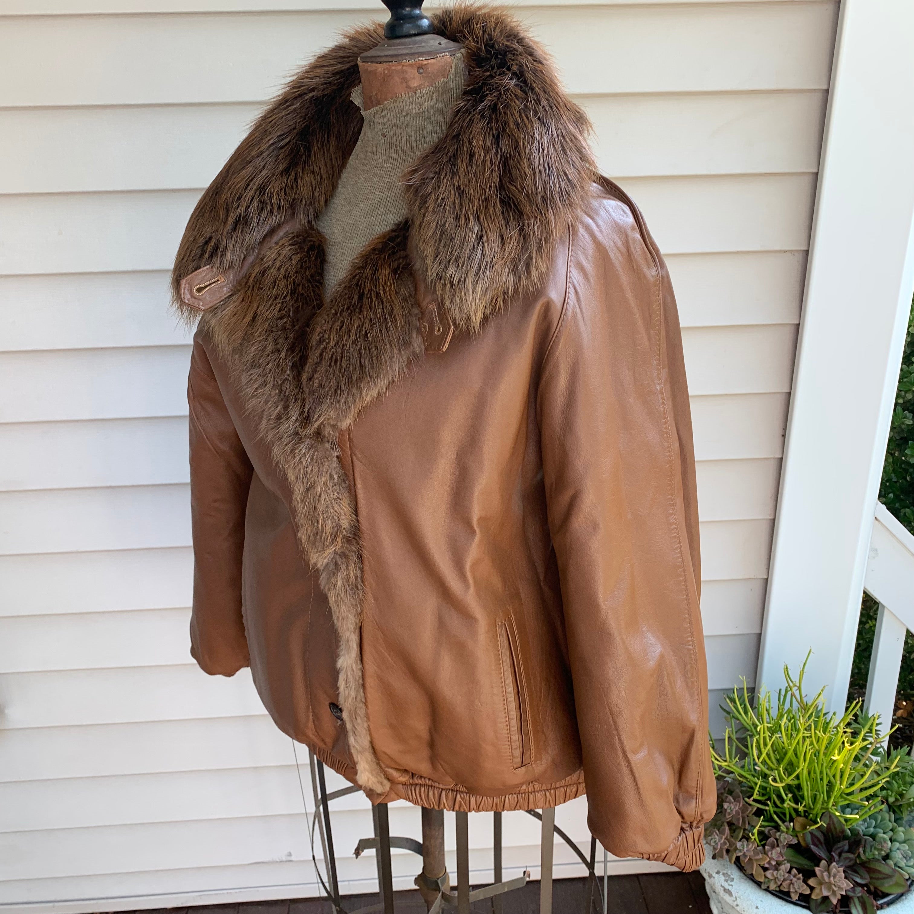 Vintage Leather & Raccoon Fur Bomber Jacket