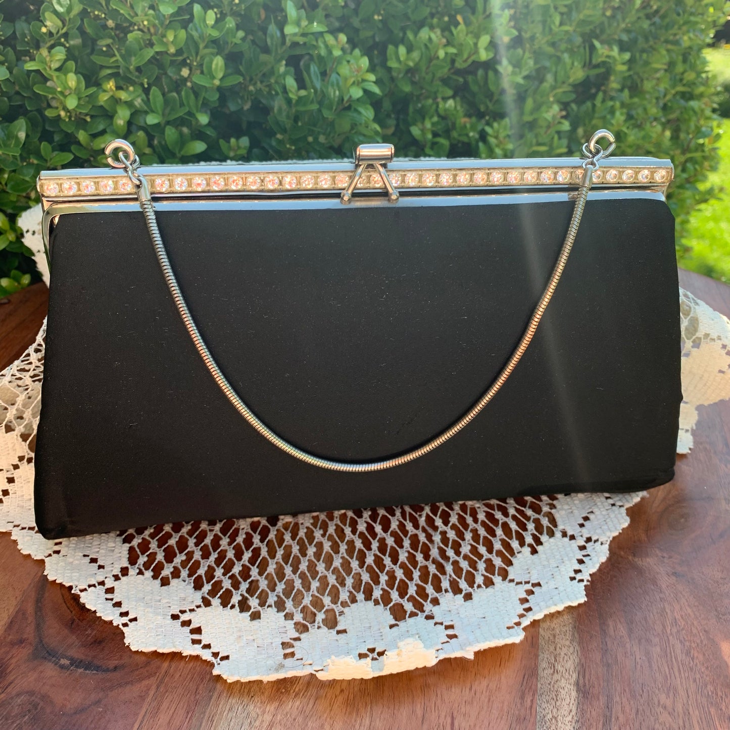 Vintage Black Fabric & Rhinestone Clutch Purse