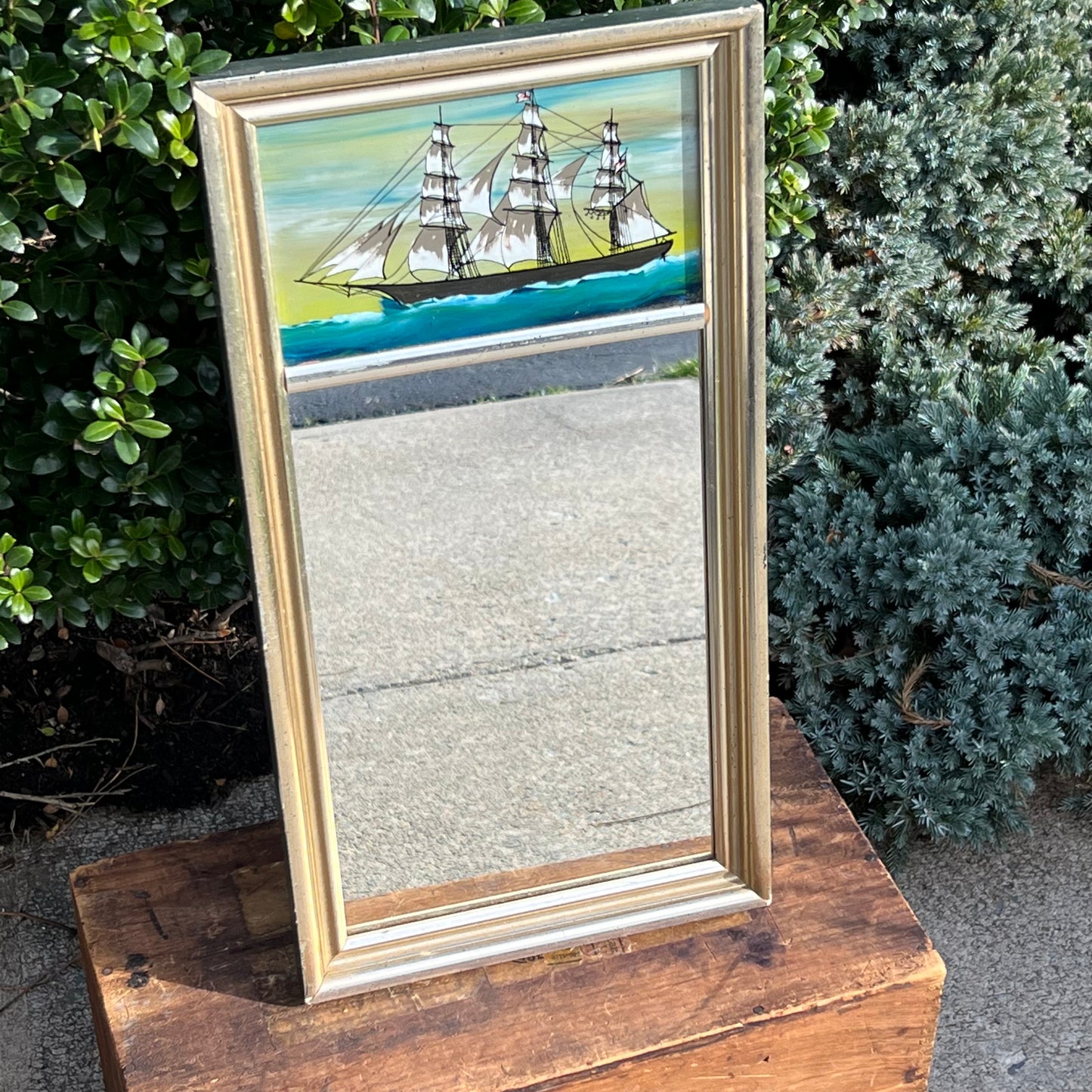 Vintage Reverse Painted Schooner Nautical Trumeau Mirror