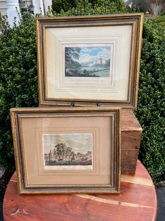 2 Antique English Framed Hand Colored Engravings Tong Castle 1788, Hampton Covered Bridge