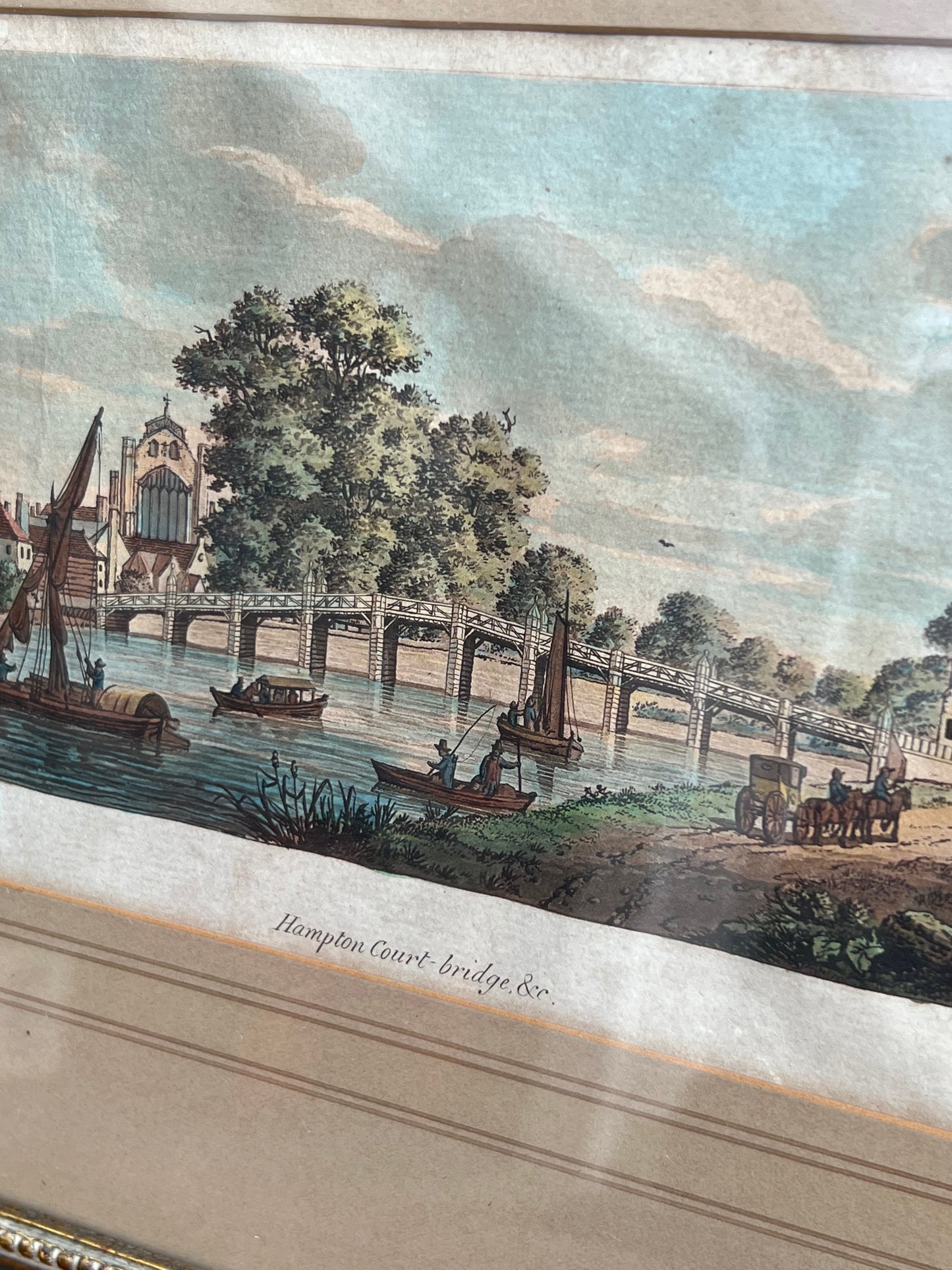 2 Antique English Framed Hand Colored Engravings Tong Castle 1788, Hampton Covered Bridge
