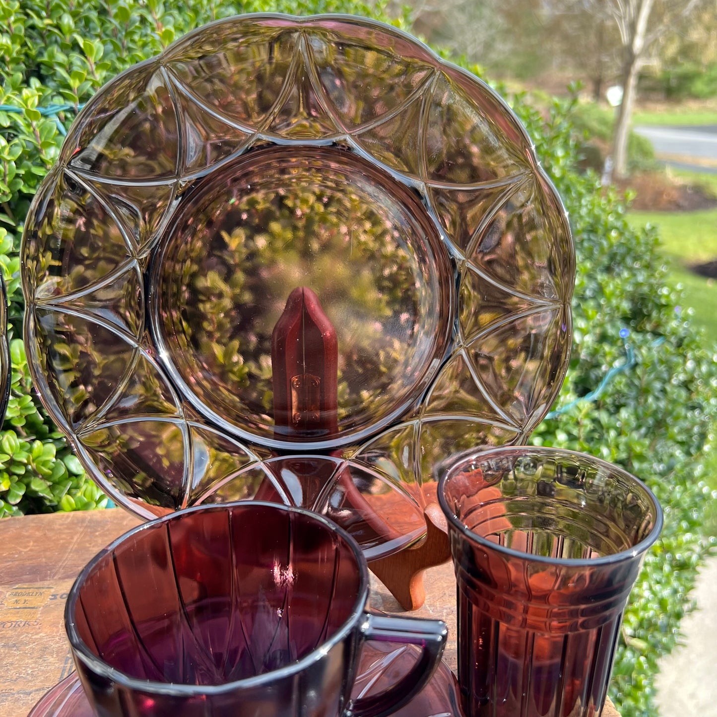 14 Pc Vintage Hazel Atlas Glass Amethyst Moderntone Plates,Tea Cups +