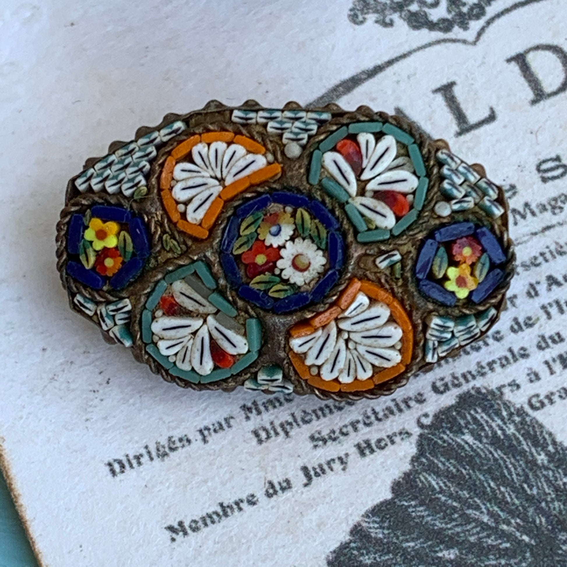 Antique Italian Floral Micro Mosaic Pin