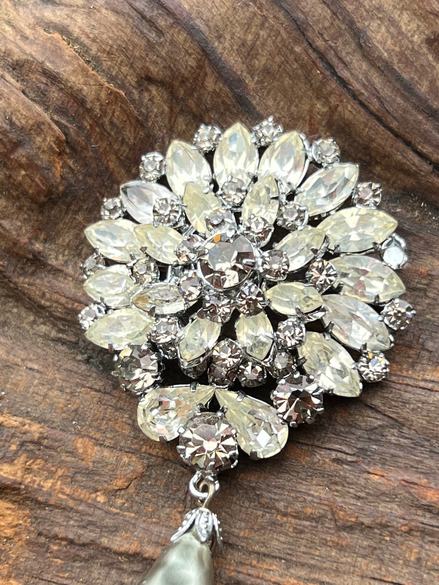 Vintage Soft Grey and Clear Rhinestone Dangling Pin