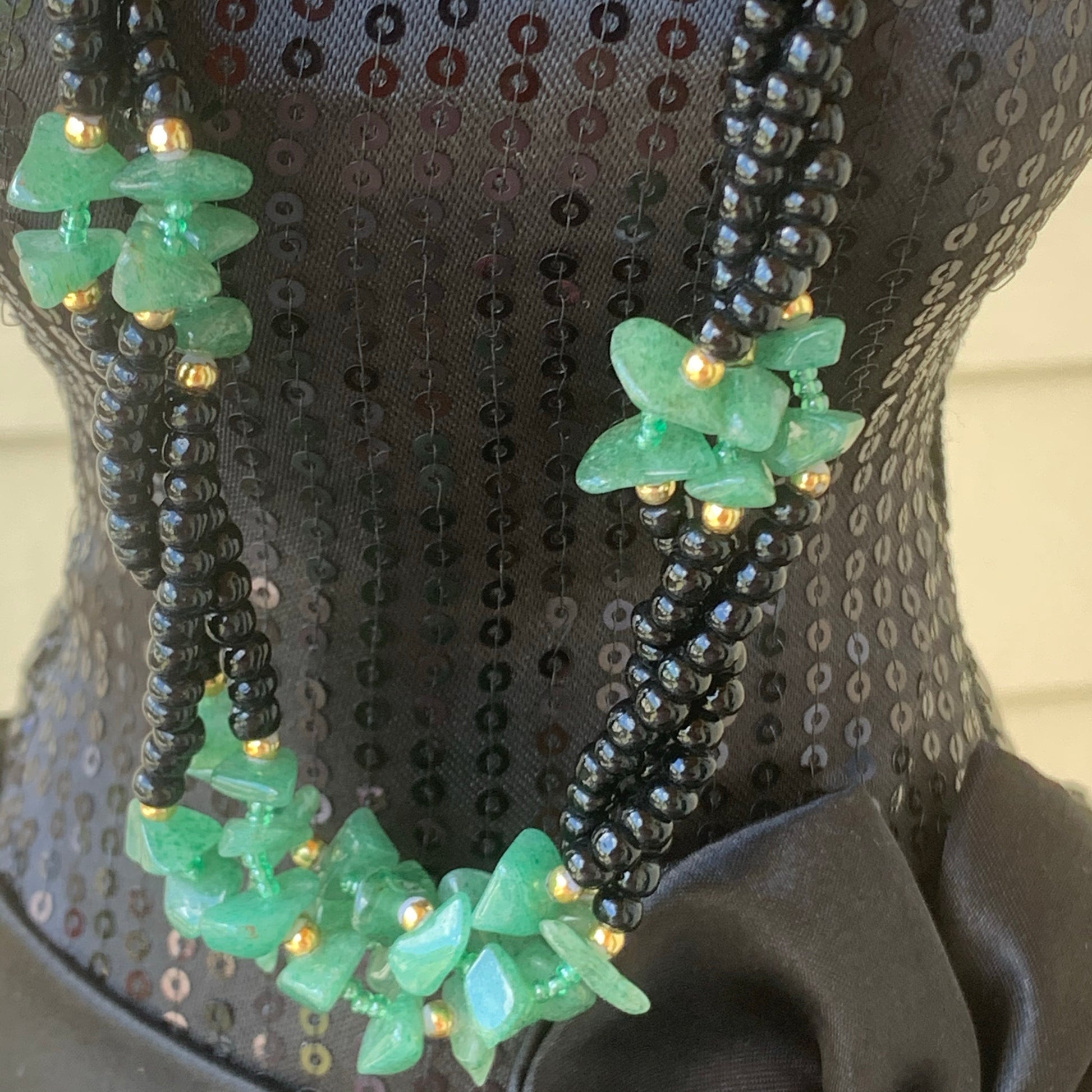 Vintage Black Glass Bead & Green Aventurine Quartz Semi-Precious Gemstone Necklace
