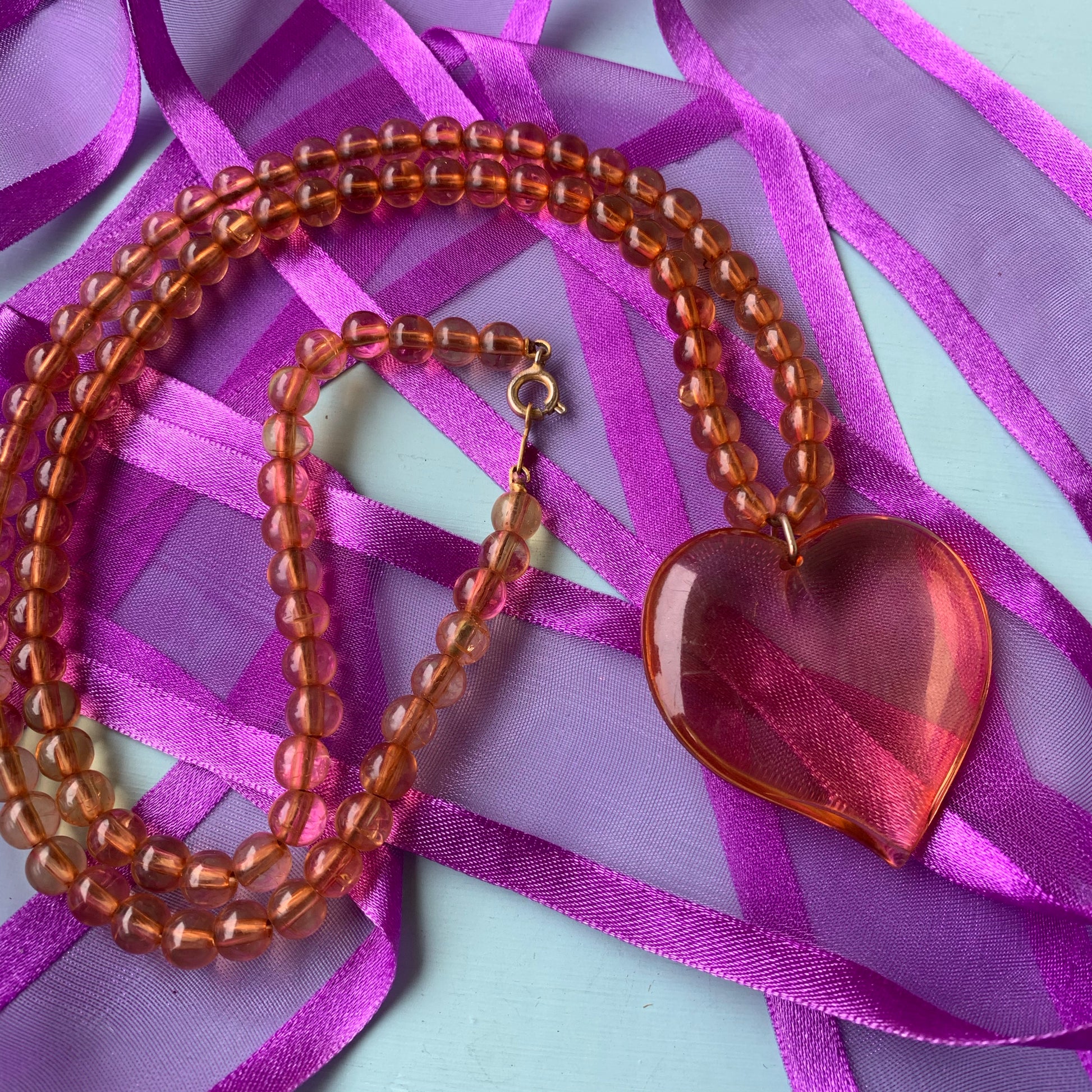 Vintage Vogue Lucite Plastic Puffy Heart Necklace