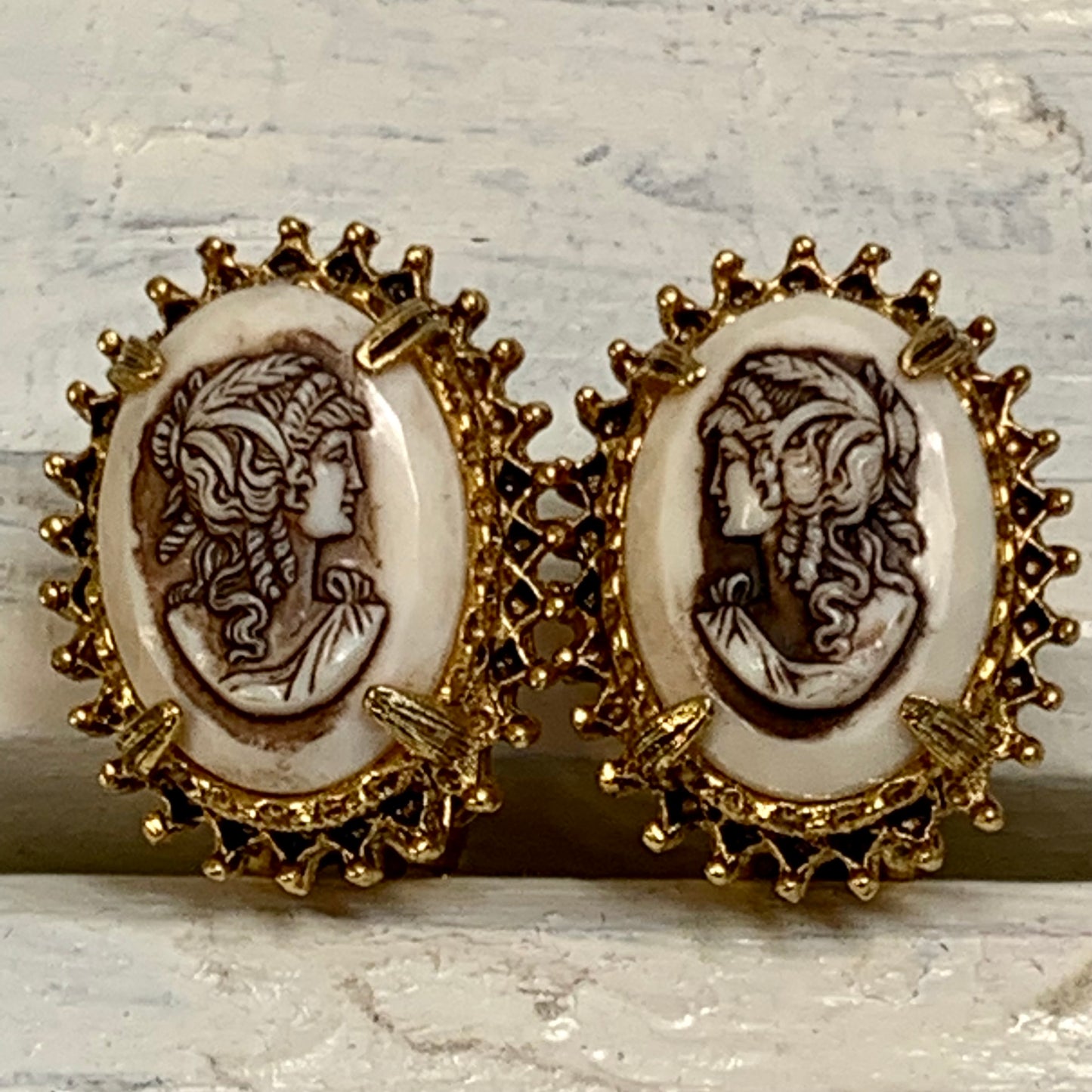 Vintage Florenza Victorian Revival Plastic Cameo Earrings