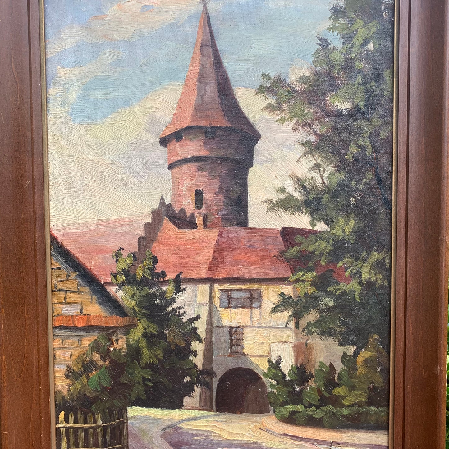 Antique Framed Canvas Oil Painting of A Medieval Castle