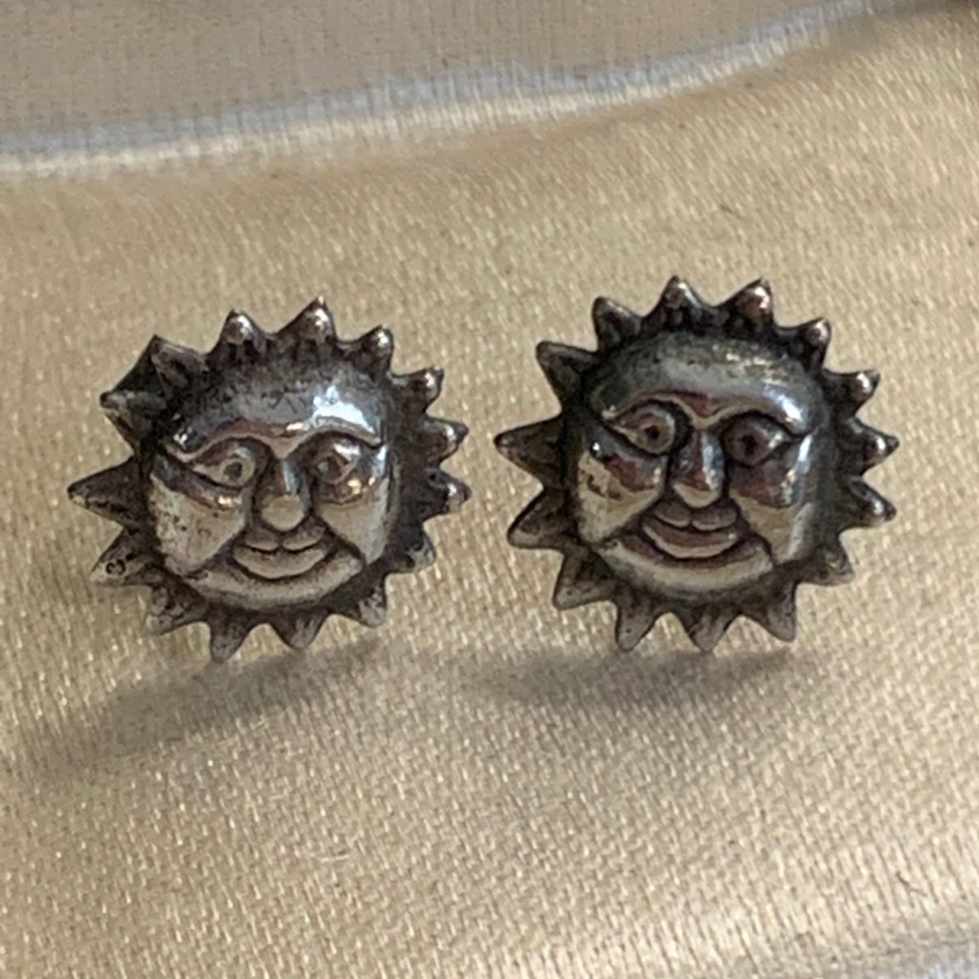 Vintage Sterling Silver Sun Face Pierced Earrings