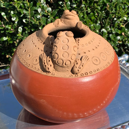 Hand Thrown Red Clay Pottery Bowl with Frogs