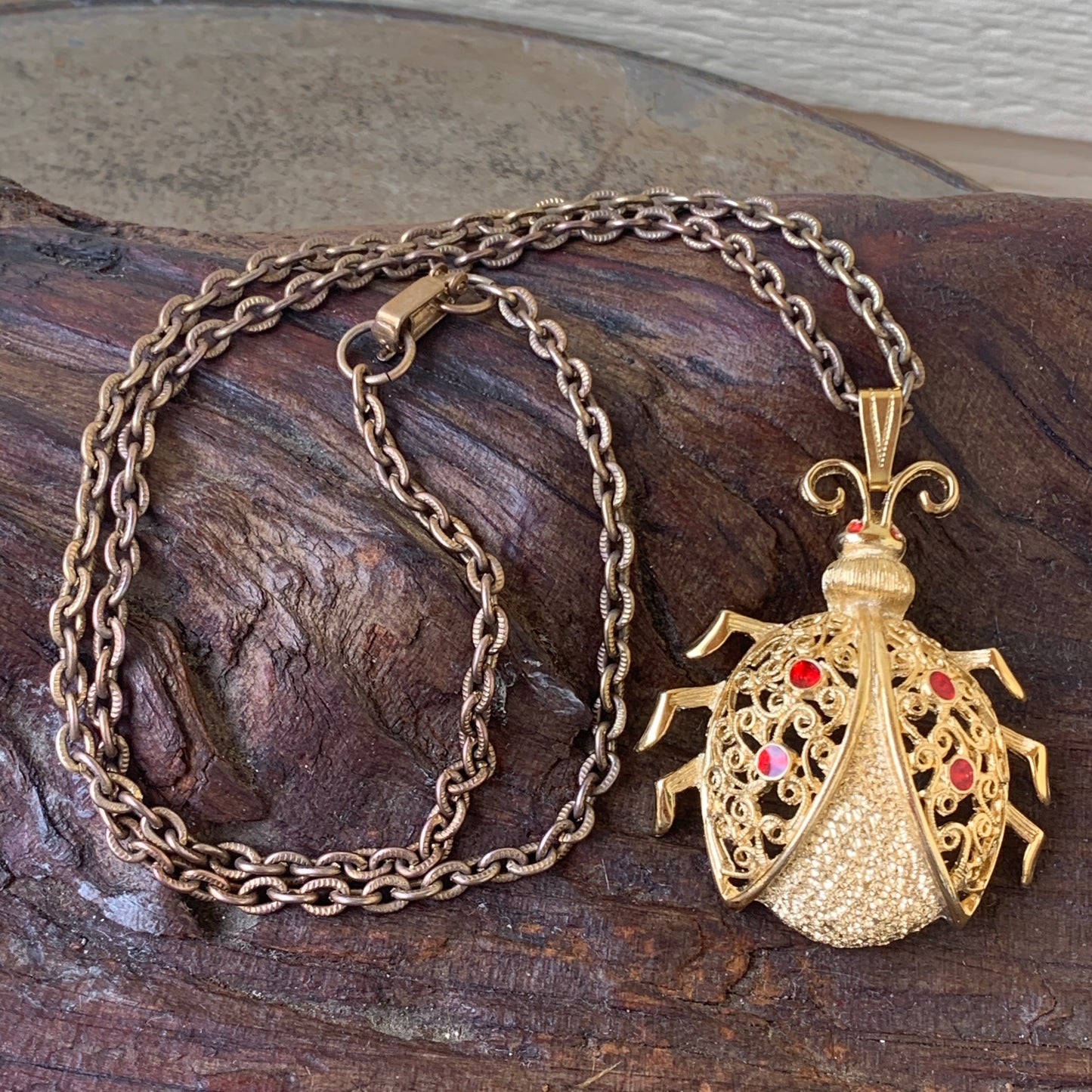 Vintage Rhinestone Ladybug Necklace
