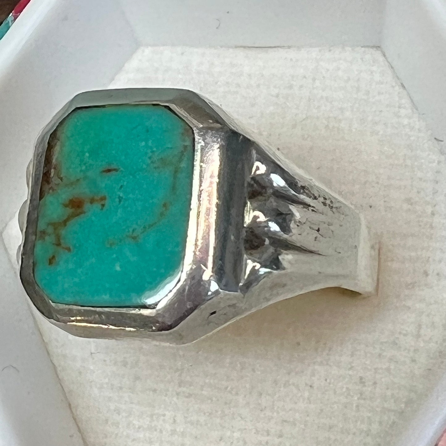Vintage Mexican Sterling Silver & Turquoise Semi Precious Gemstone Signet Ring Size 11.5