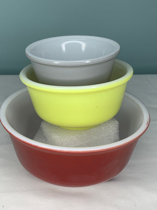 Three Vintage Hazel Atlas Fired On Color Mixing Bowls