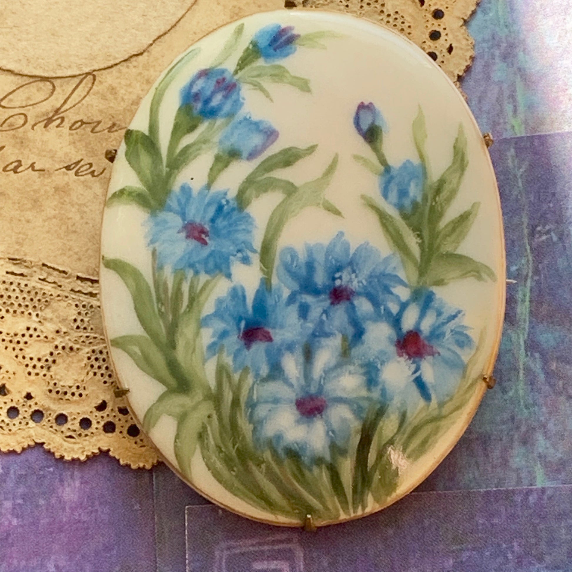 Victorian Bachelor Button Handpainted Porcelain Pin - Lady Slippers