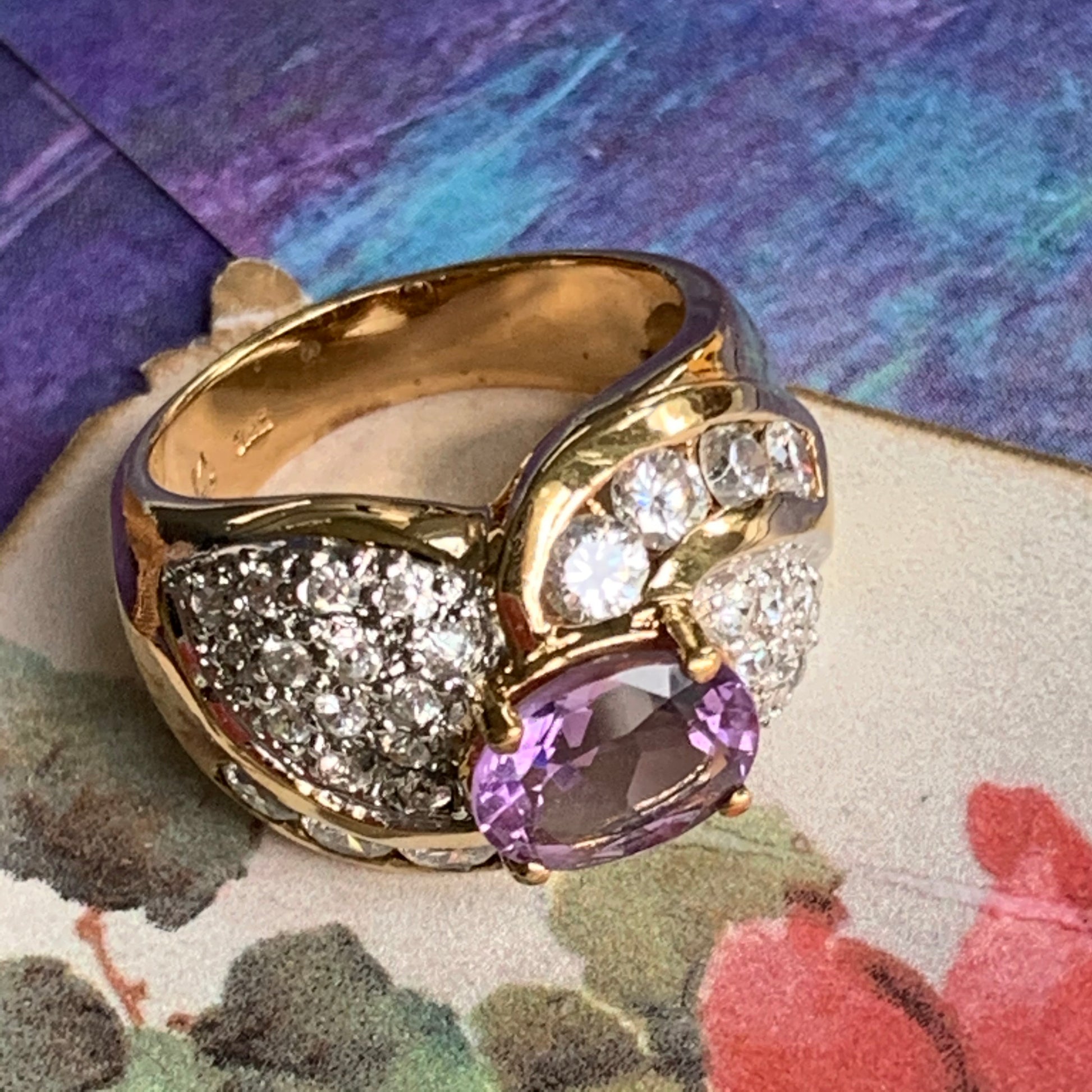Vintage Gilt Sterling Silver Amethyst & CZ Ring - Lady Slippers