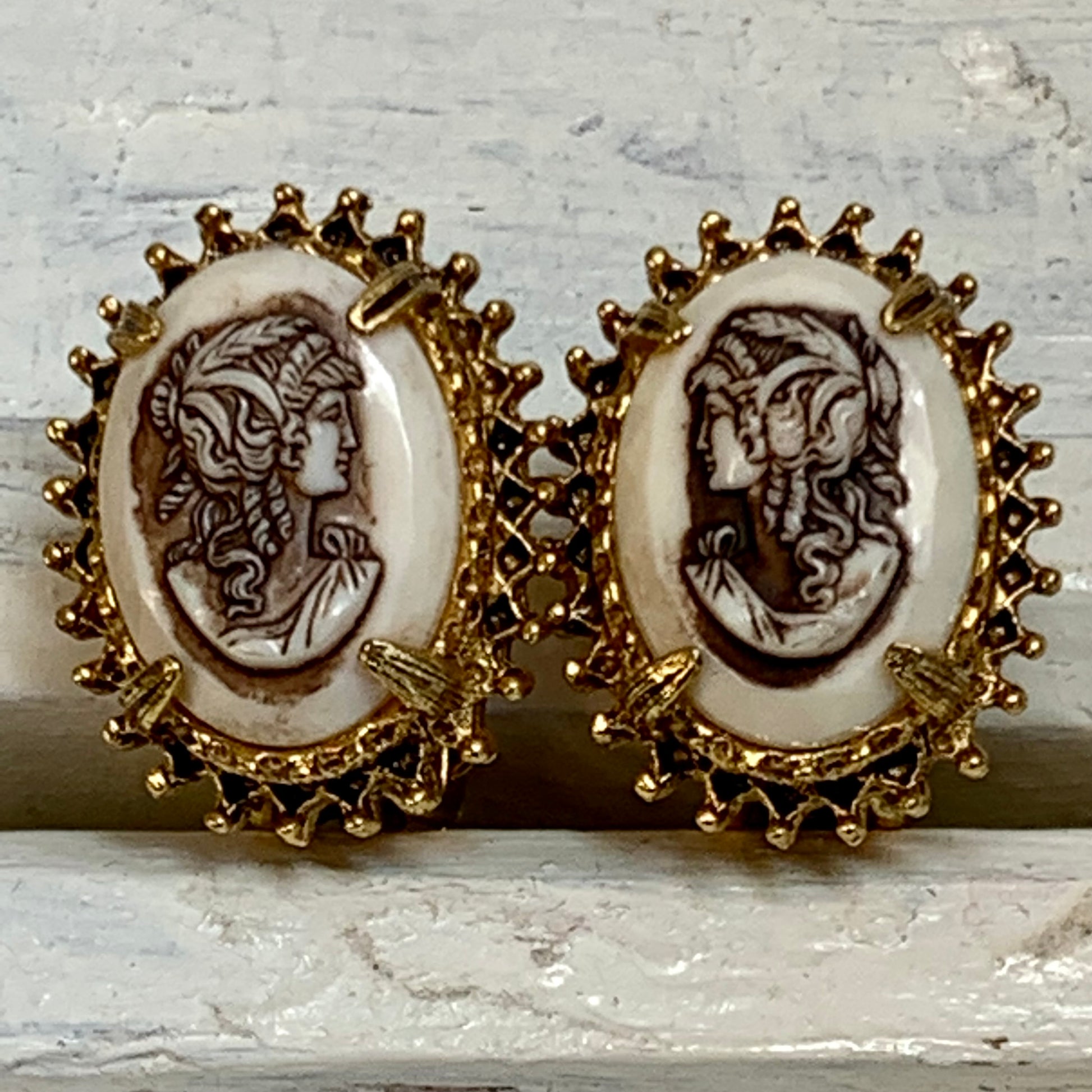 Vintage Florenza Victorian Revival Plastic Cameo Earrings