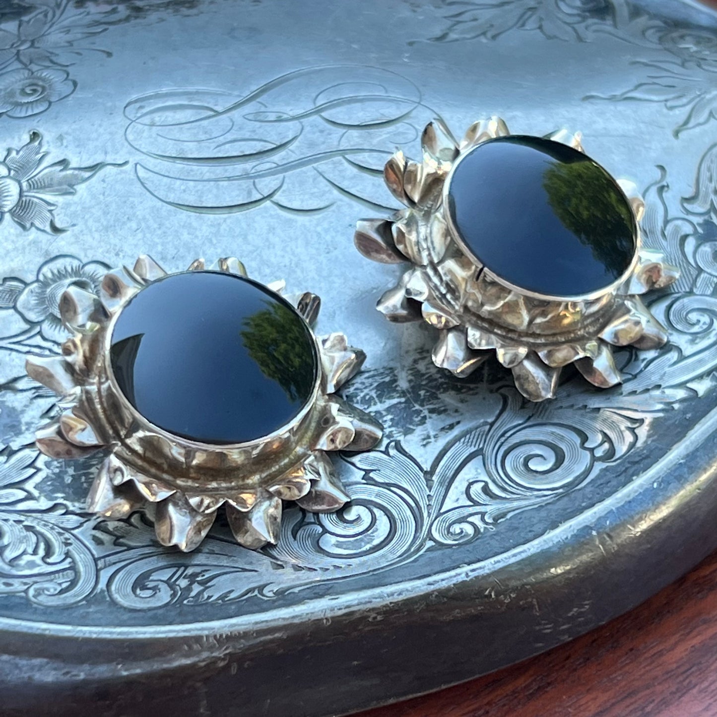Vintage Calderon Atachi Mexican Taxco Sterling Silver Black Onyx Sunflower Earrings