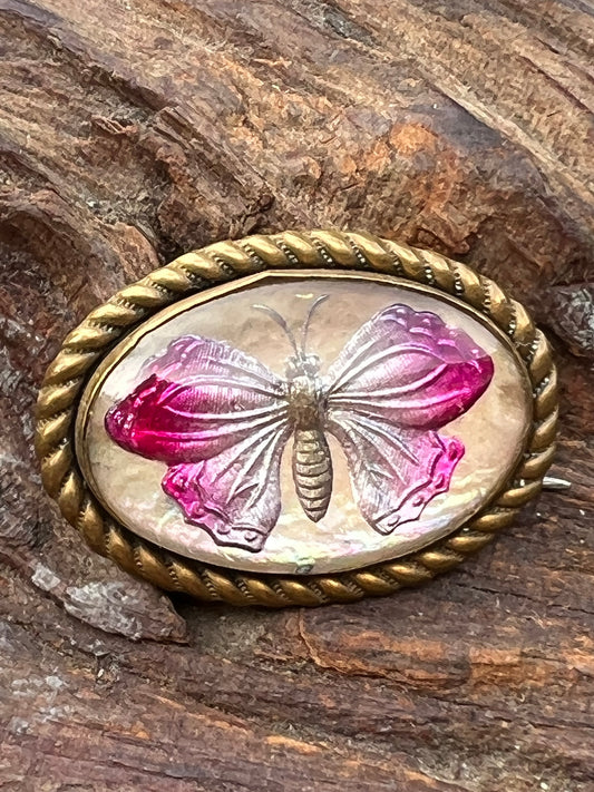 Art Deco Reverse Carved Glass Butterfly Pin