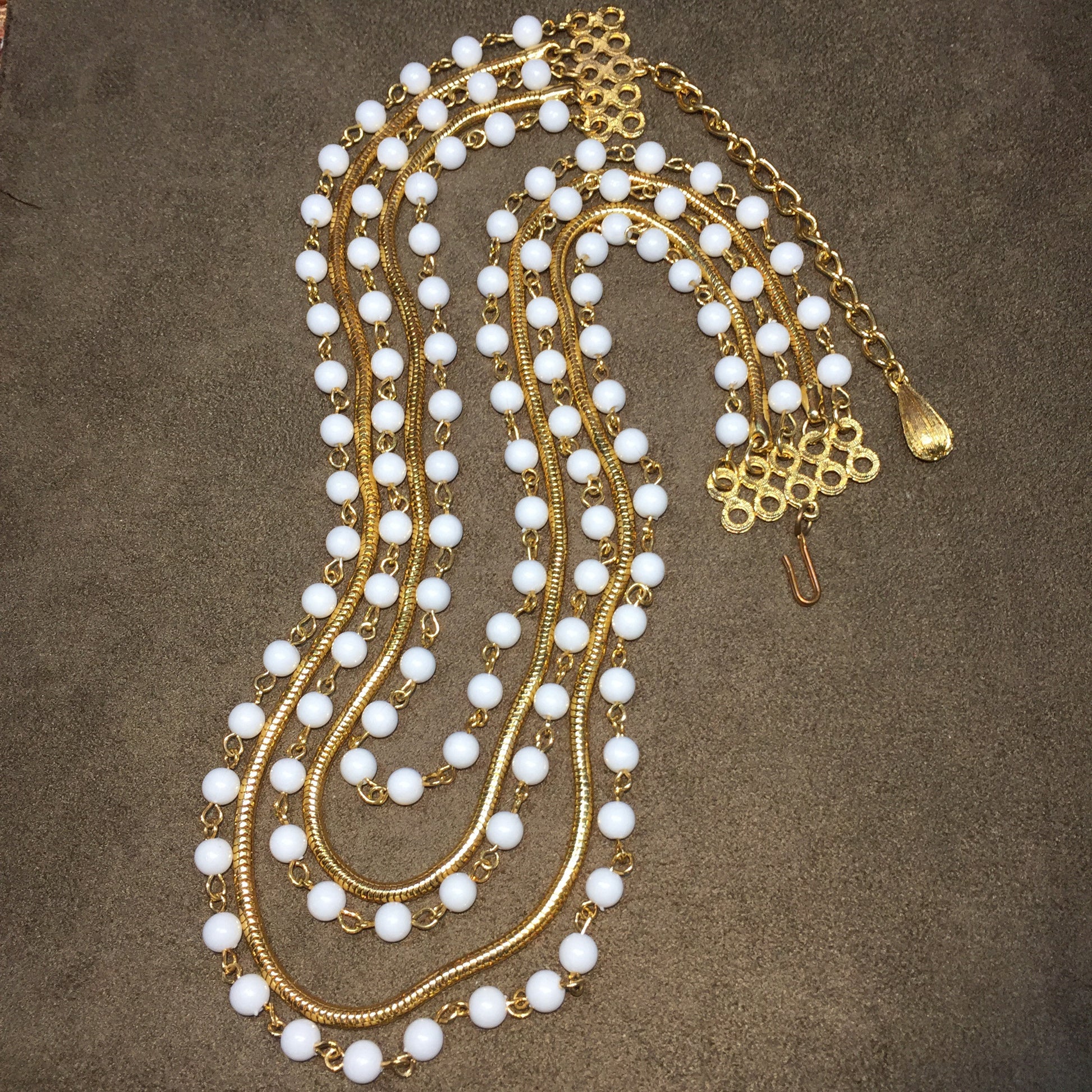 Vintage Layered Five Strand White & Goldtone Necklace - Lady Slippers