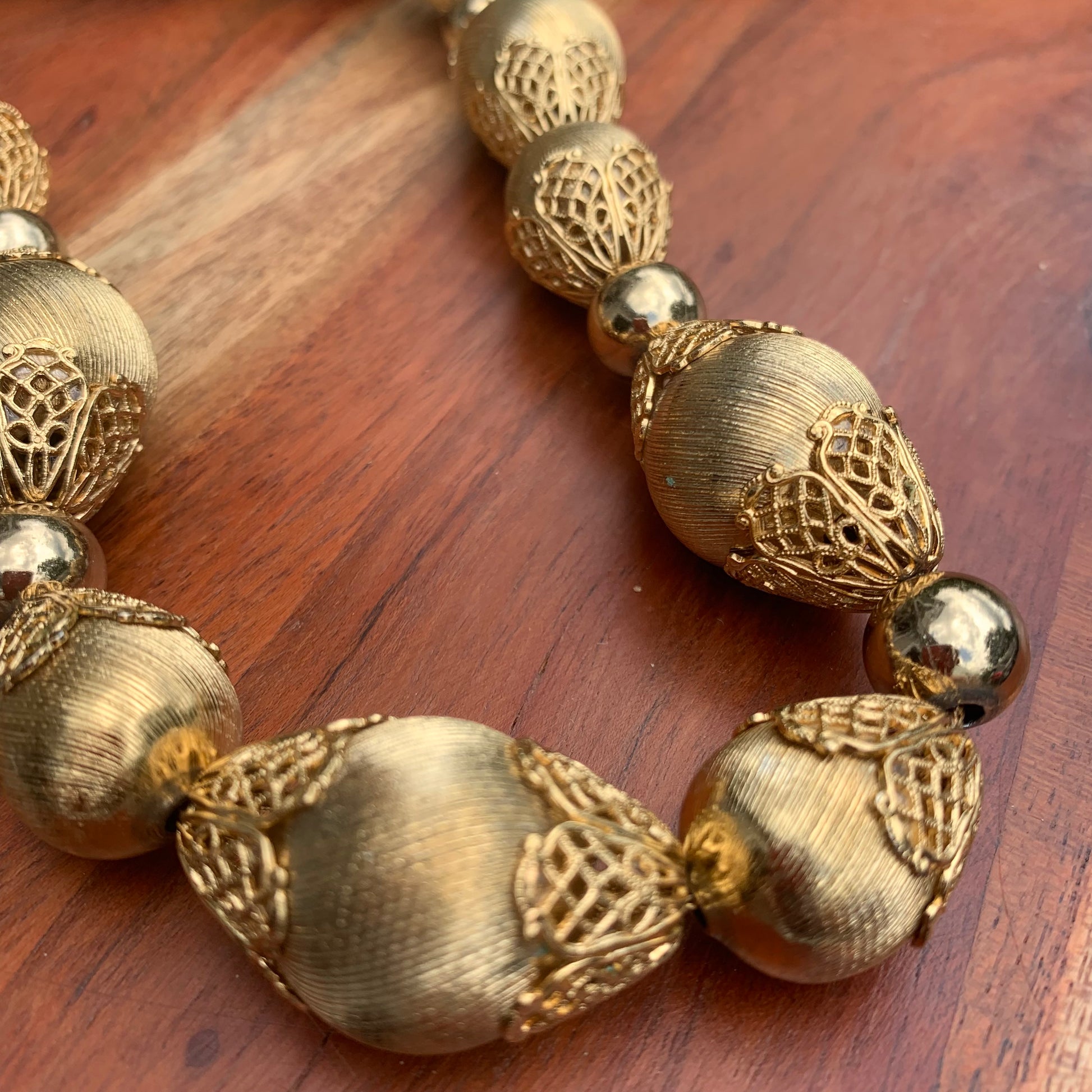 Vintage Monet Gold Bead Filigree Cap Necklace Lady Slippers