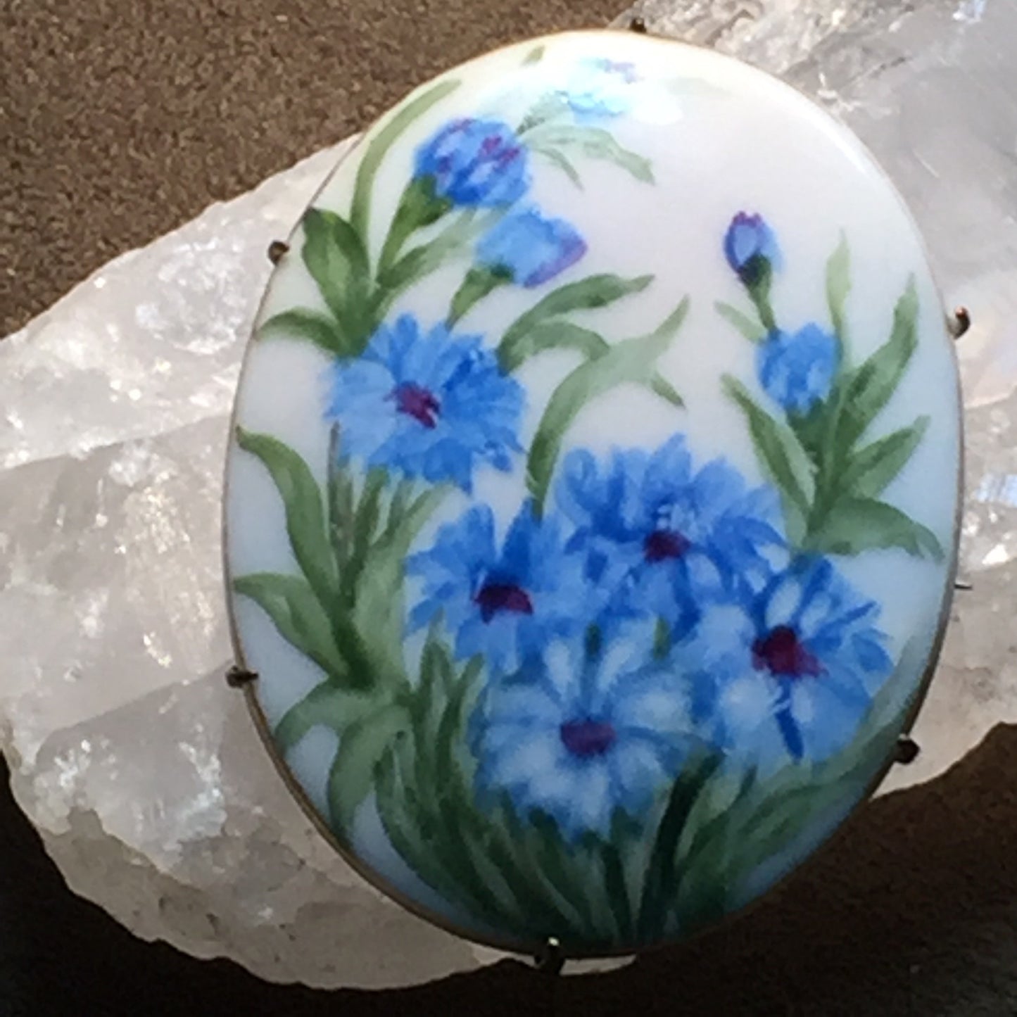 Victorian Bachelor Button Handpainted Porcelain Pin - Lady Slippers