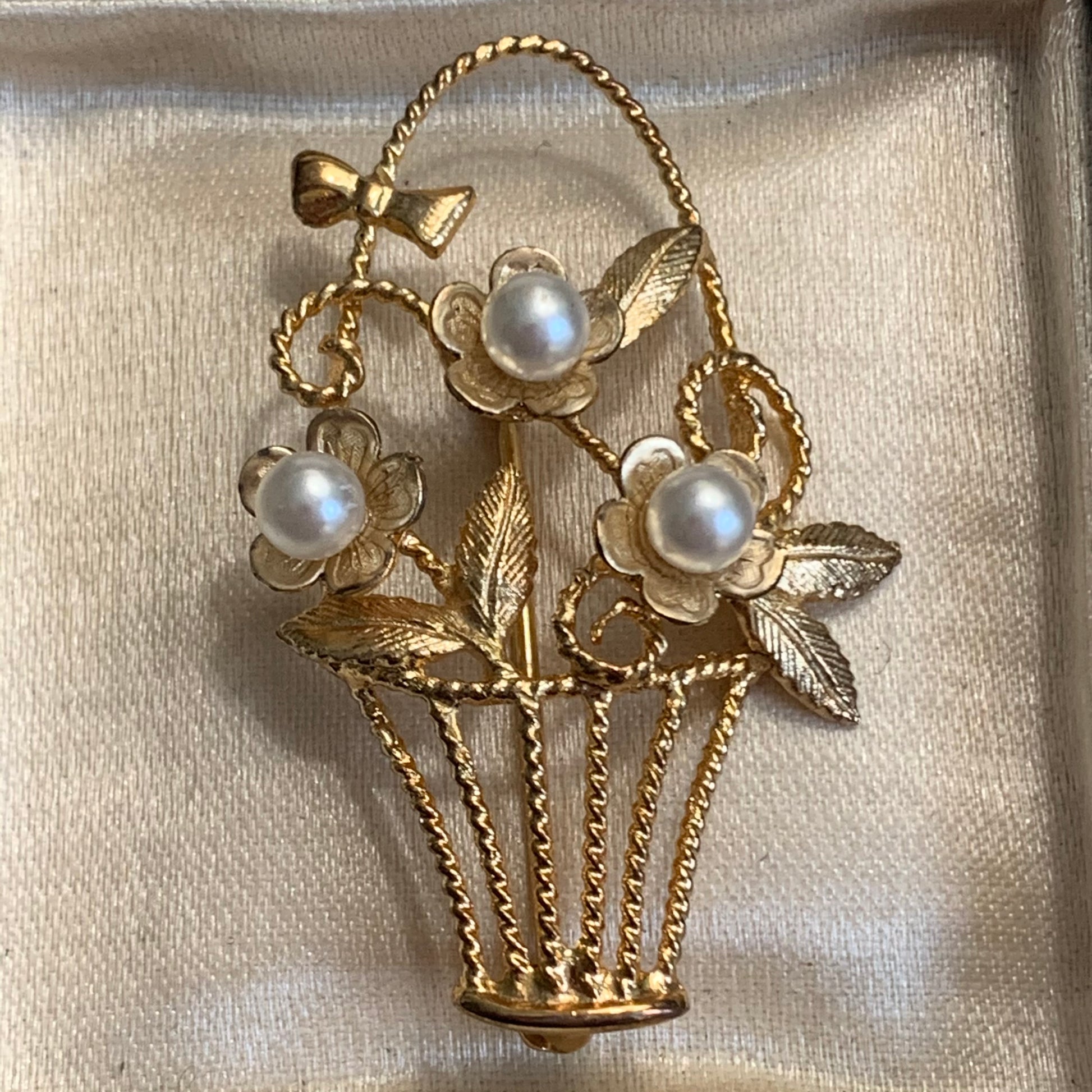 Creed Sterling Silver Gold Overlay Floral Faux Pearl Basket Pin