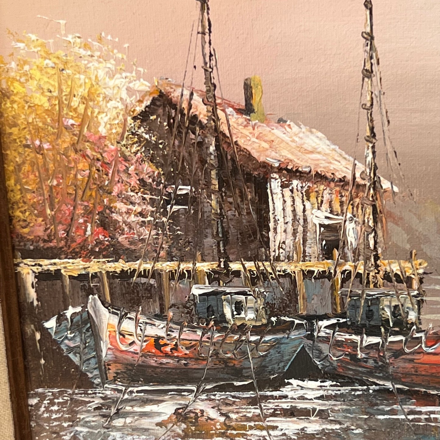 Vintage Original Oil Painting Fall Fishing Boats DockSide