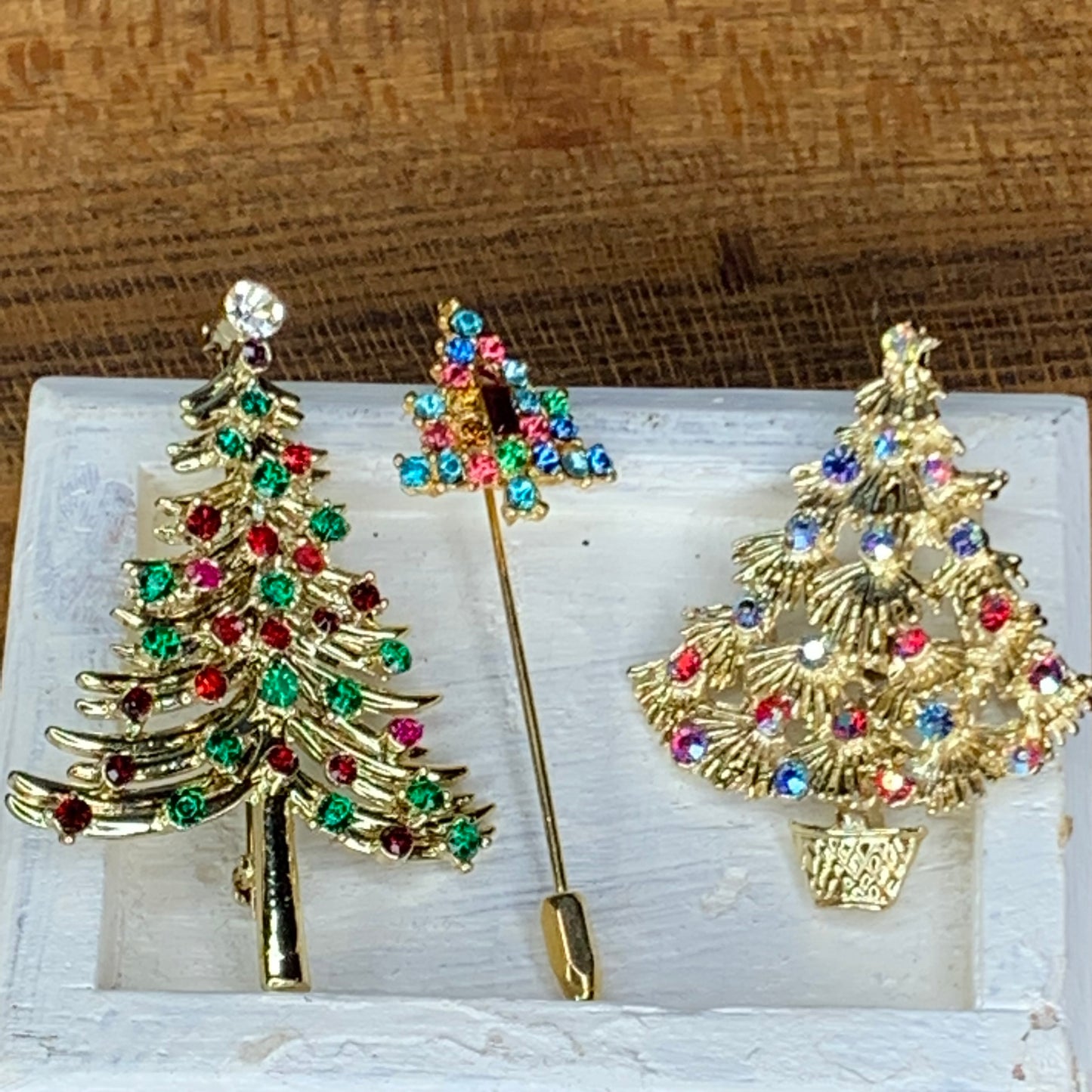 Three Vintage Christmas Tree Pins One Marked Doodz