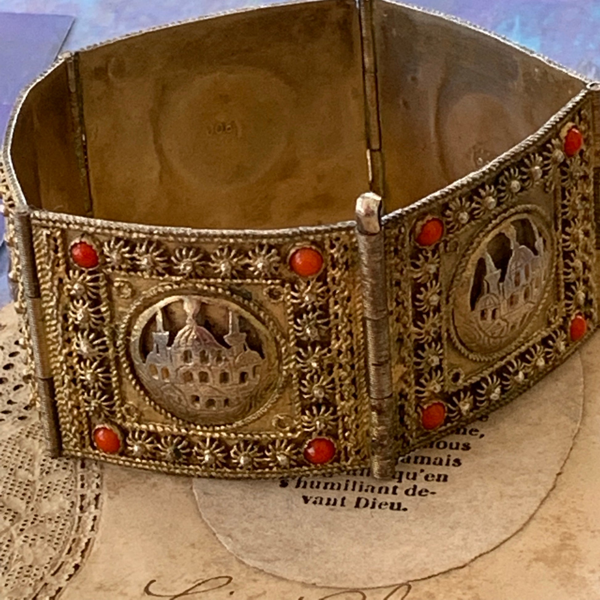 Vintage Middle Eastern 900 Silver over Gold Mashallah God's Will Mosque Panel Bracelet - Lady Slippers