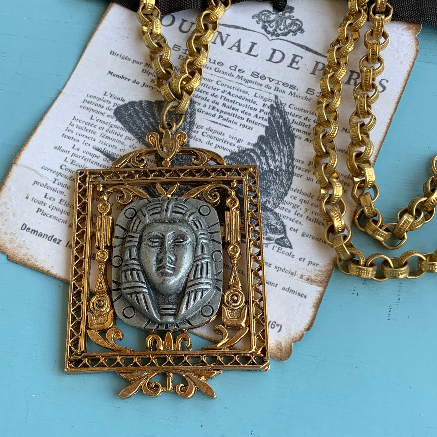 Vintage Signed Art King Tut Pendant Necklace