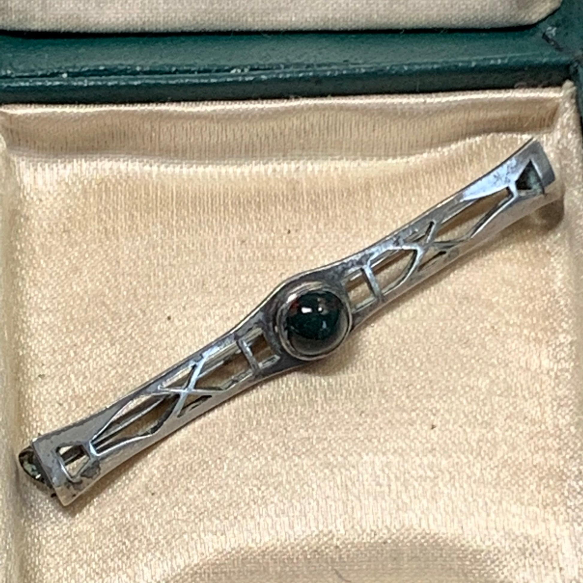 Art Deco Sterling Silver Mahogony Obsidian Semi Precious Gemstone Pin