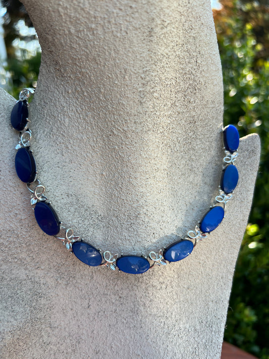 Vintage Royal Blue & Silver Tone Metal Lucite Necklace  