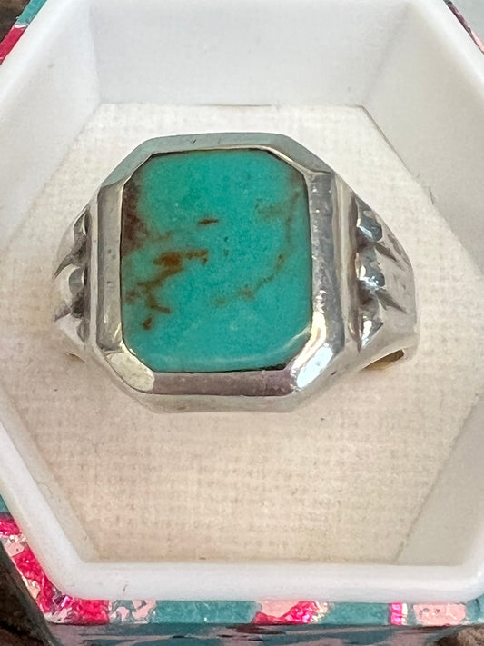 Vintage Mexican Sterling Silver & Turquoise Semi Precious Gemstone Signet Ring Size 11.5