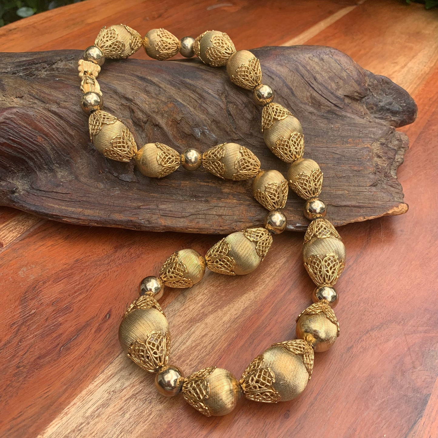 Vintage Monet Gold Bead Filigree Cap Necklace