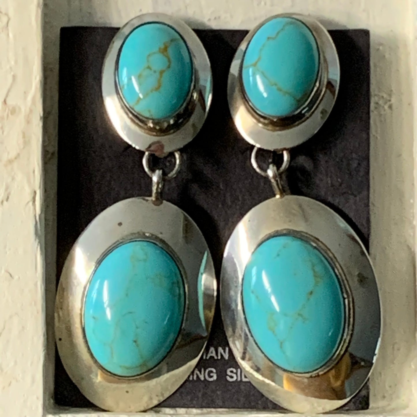 Vintage Native American Handmade Sterling Silver Lone Mountain Turquoise Earrings