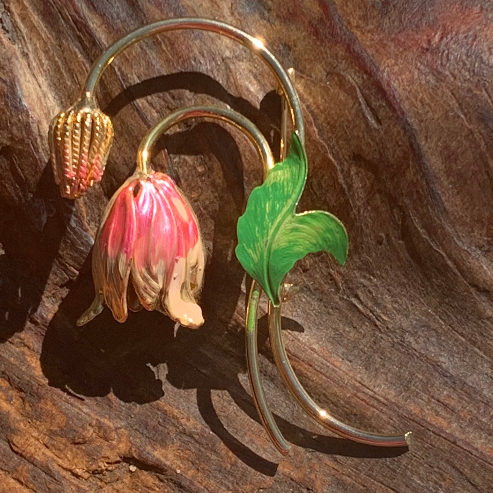Vintage Pink & Green Enamel Stylized Flower Pin  