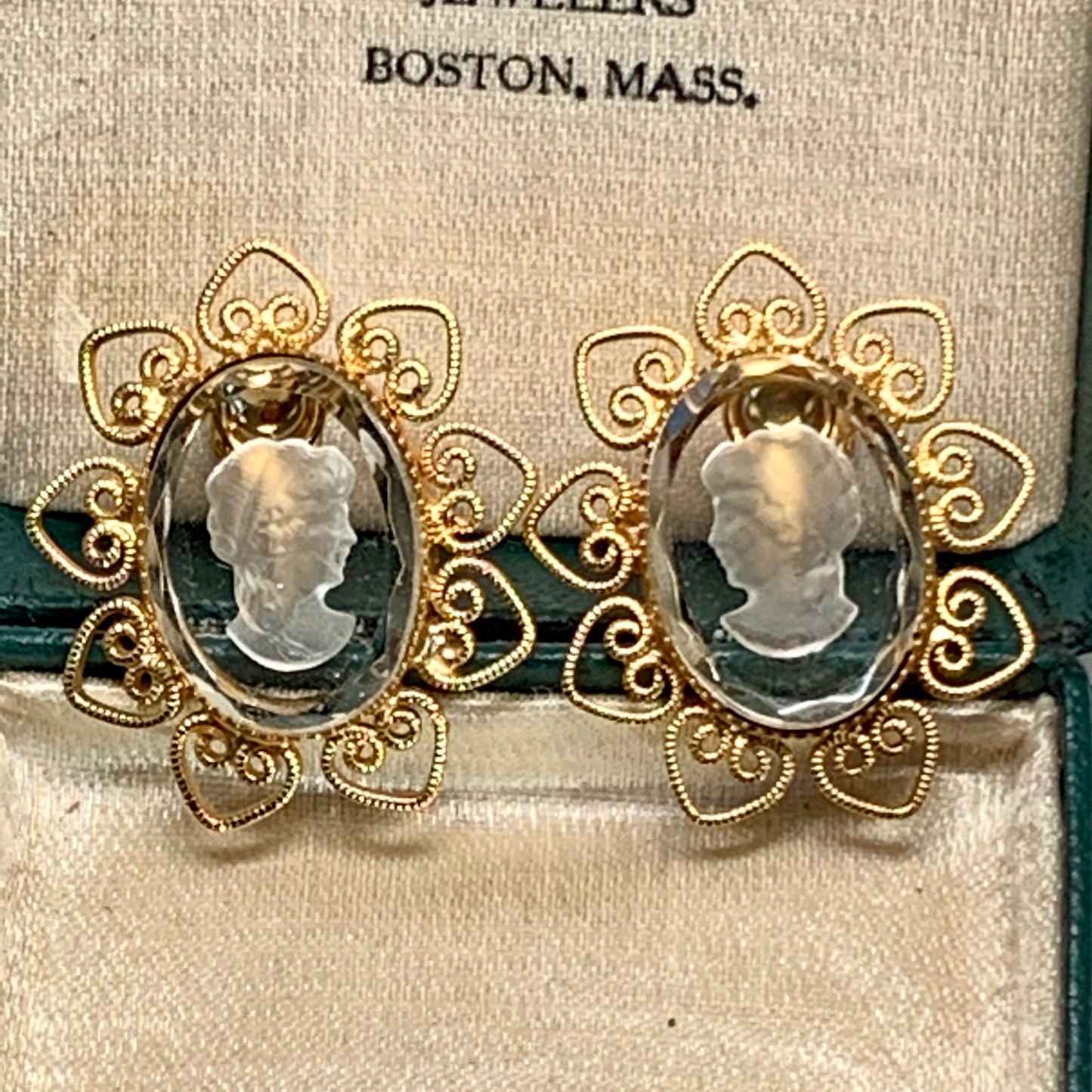 Vintage Reverse Carved Glass Cameo & Heart Shaped Scroll Earrings