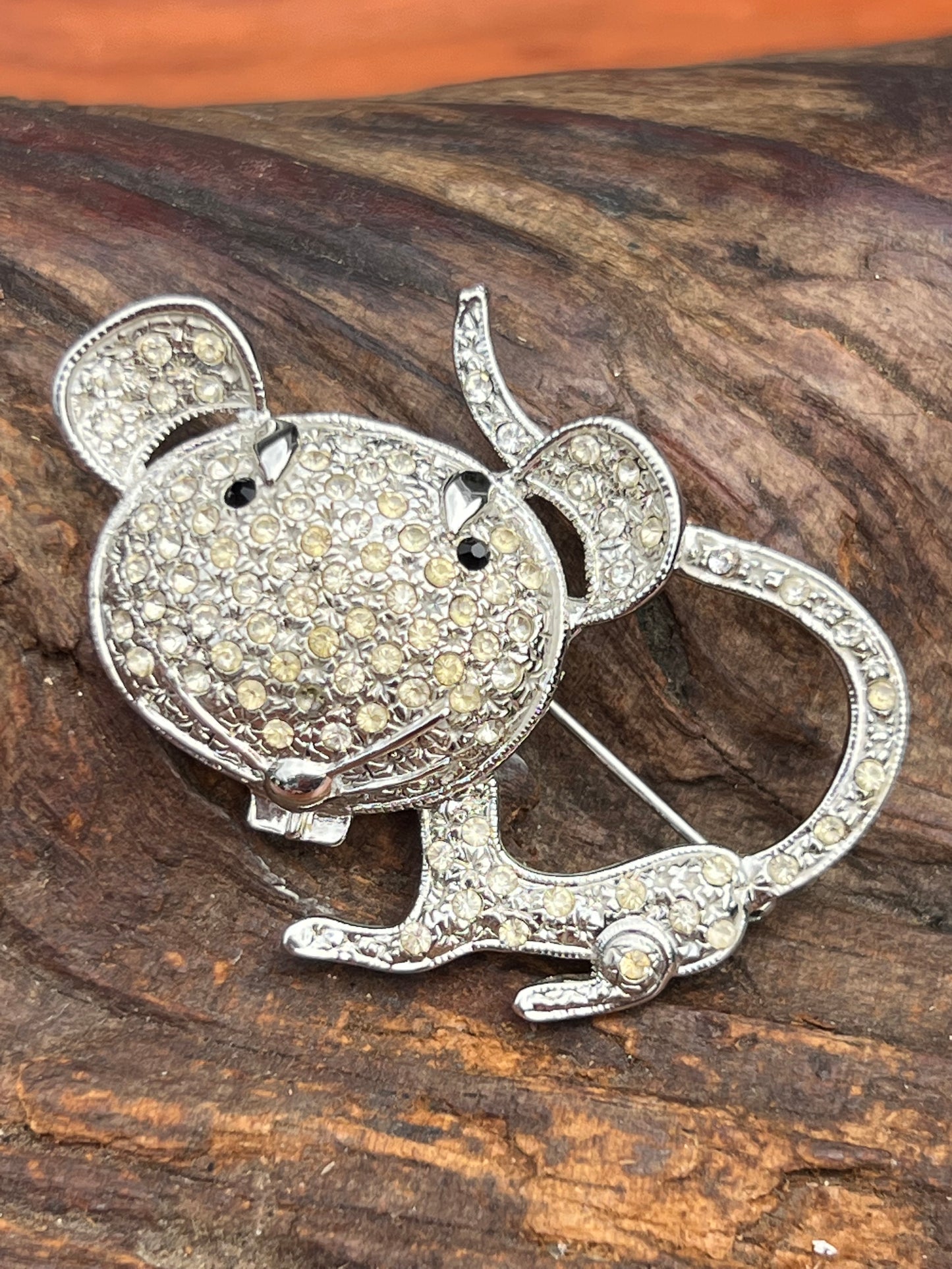 Vintage Rhinestone Mouse Figural Pin