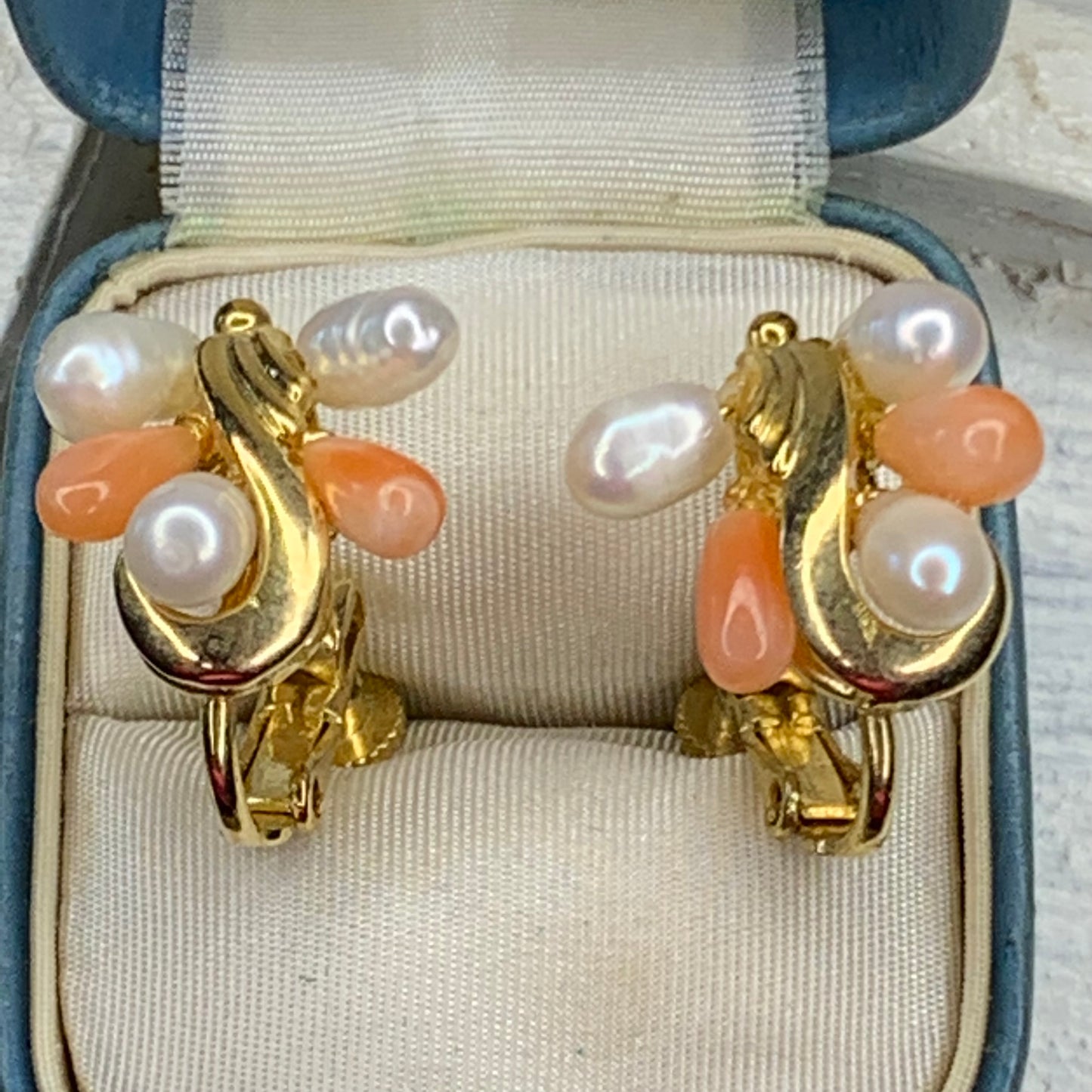 Vintage 60's Semi Precious Pink Angelskin Coral & Cultured Pearl Earrings