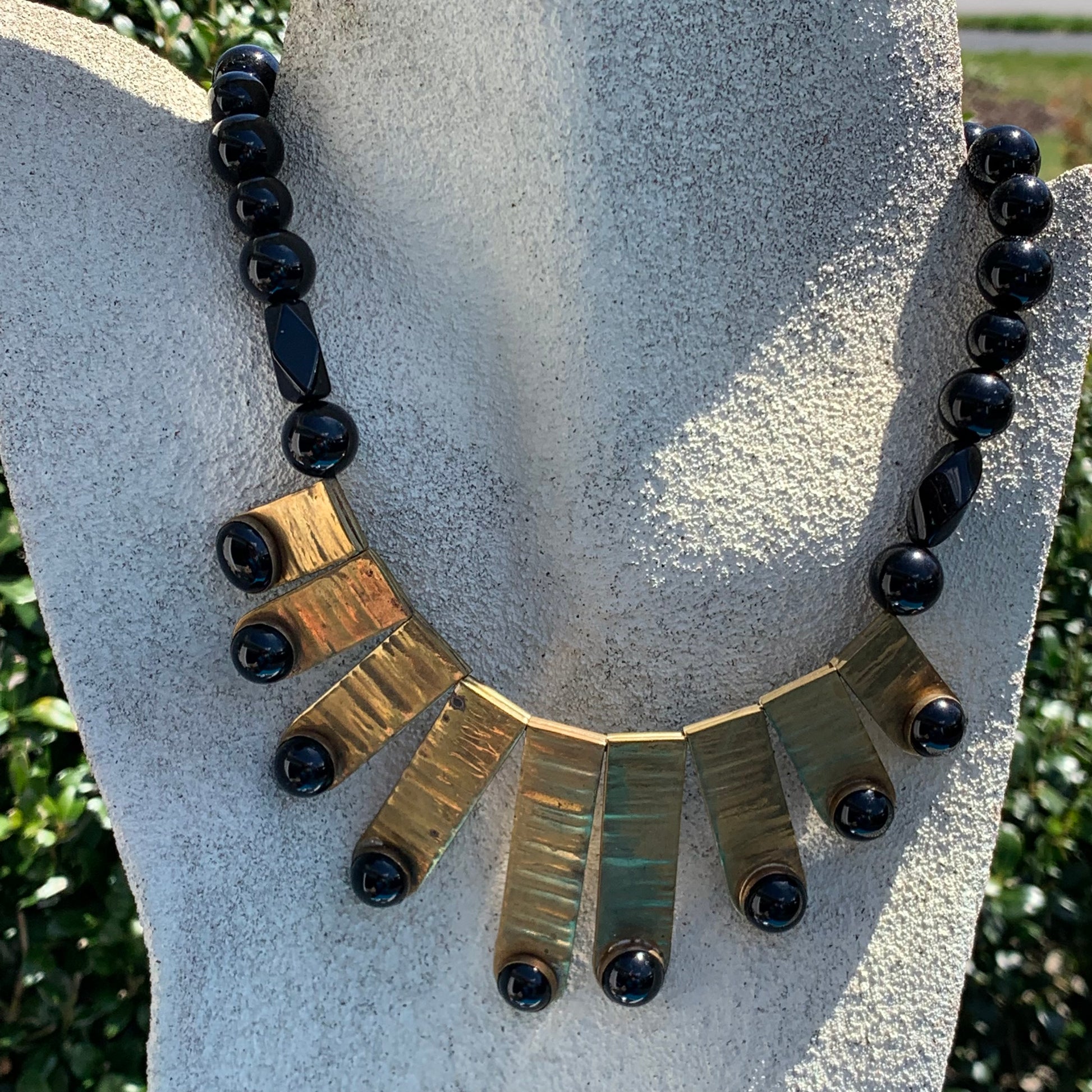 Vintage Brass Semi Precious Gemstone Onyx Bead Collar Necklace