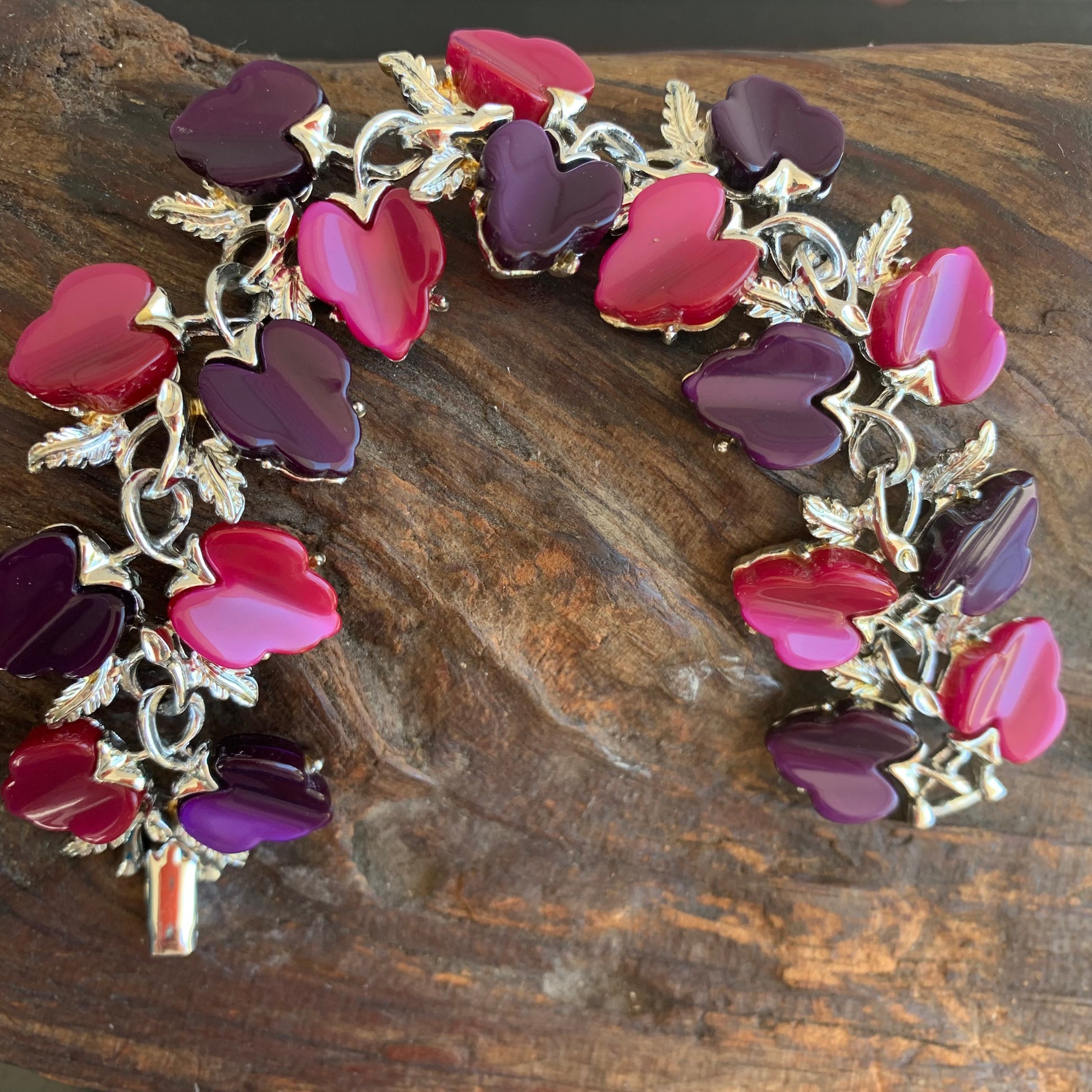 Vintage Purple & Pink Moonstone Lucite Heart Bracelet